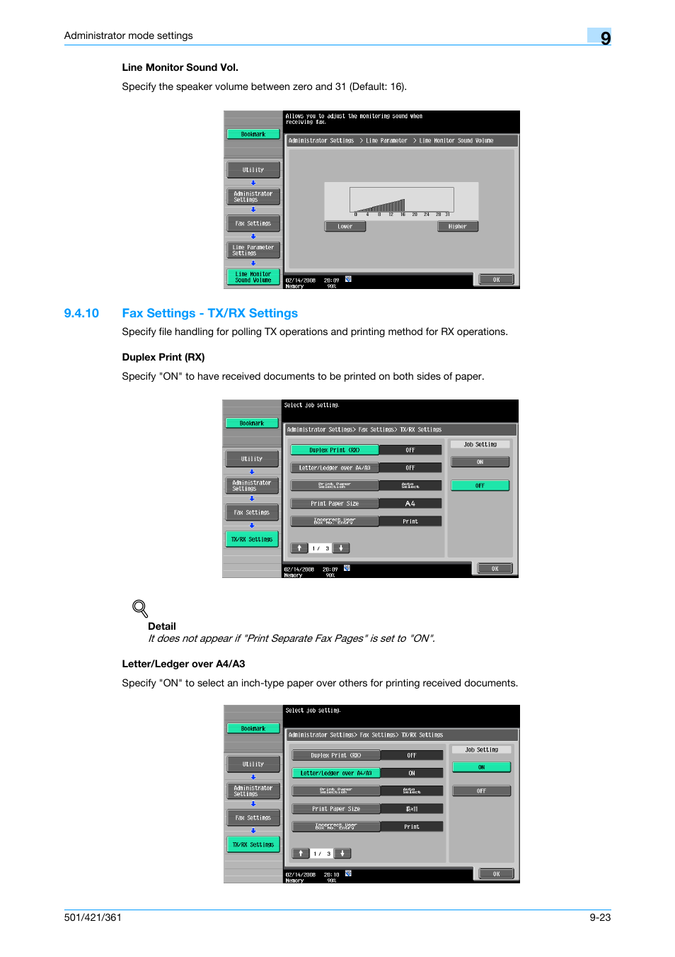 Line monitor sound vol, 10 fax settings - tx/rx settings, Duplex print (rx) | Letter/ledger over a4/a3, Line monitor sound vol -23, P. 9-23 | Konica Minolta bizhub 421 User Manual | Page 240 / 321