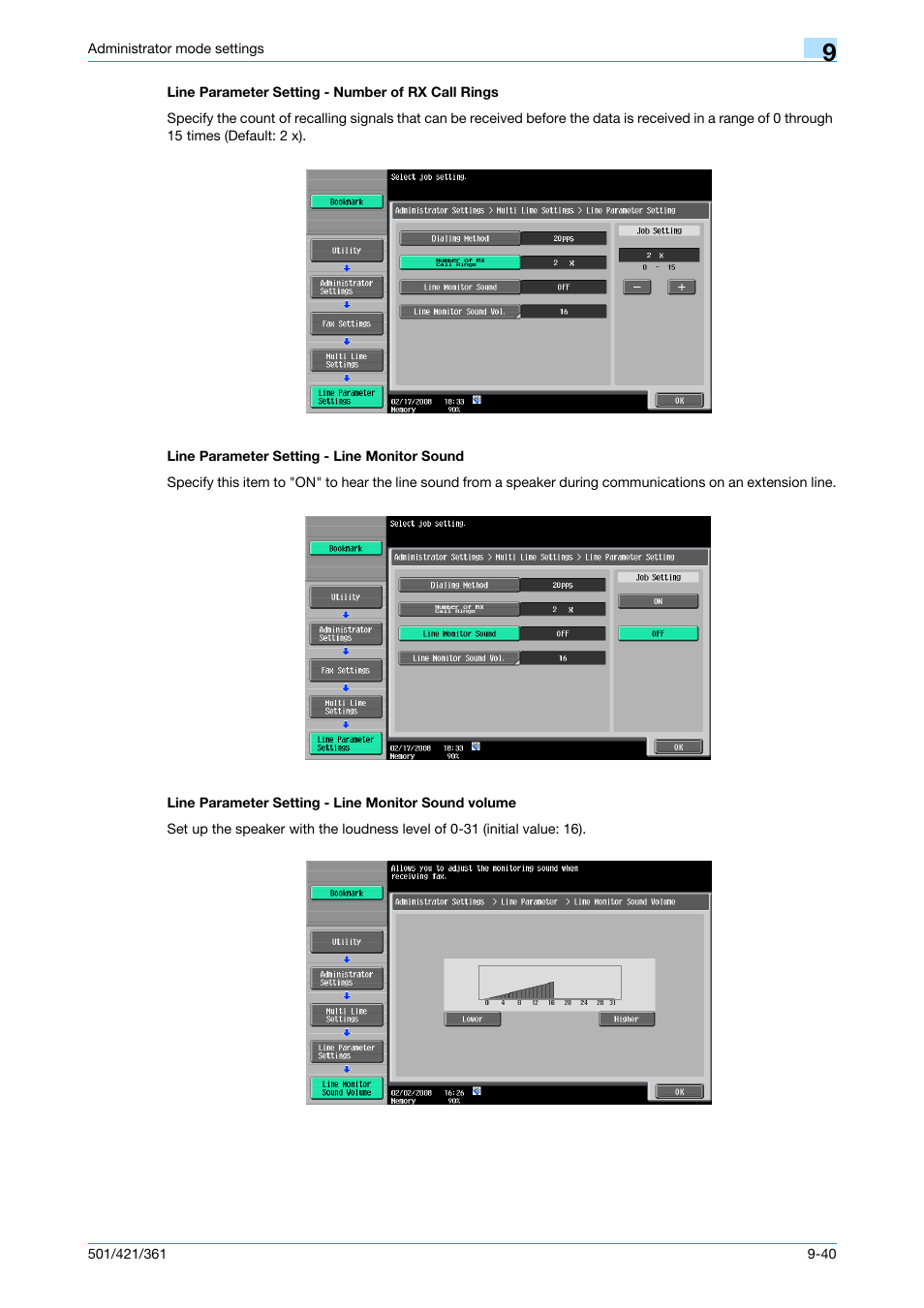 Line parameter setting - number of rx call rings, Line parameter setting - line monitor sound, Line parameter setting - line monitor sound volume | P. 9-40 | Konica Minolta bizhub 421 User Manual | Page 257 / 321