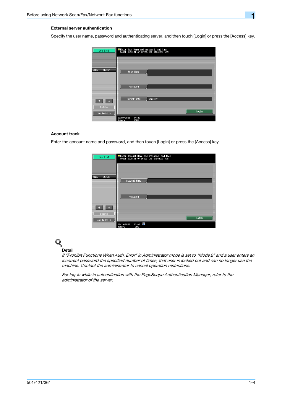 External server authentication, Account track, External server authentication -4 account track -4 | Konica Minolta bizhub 421 User Manual | Page 26 / 321