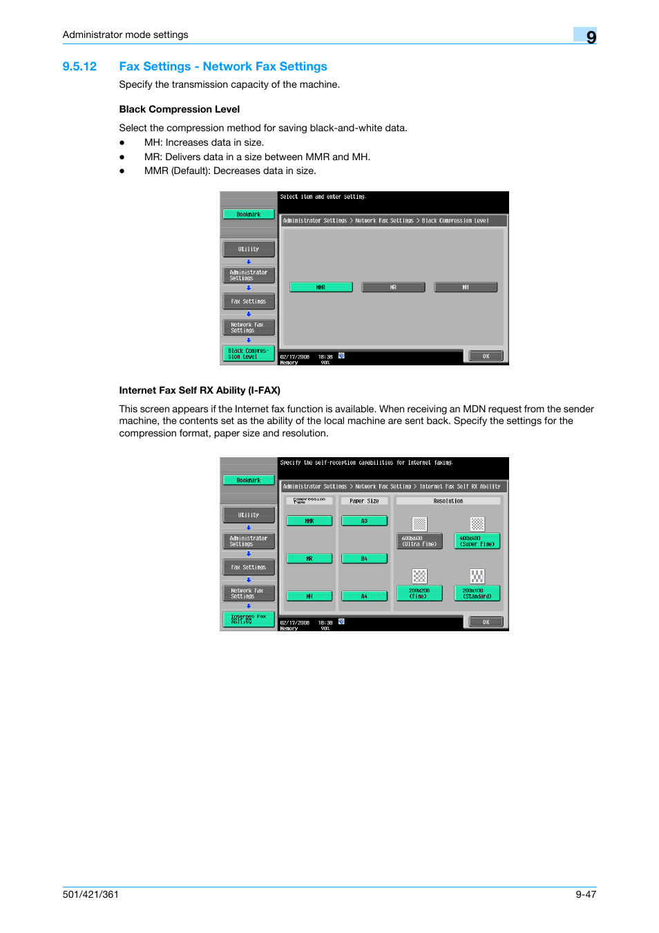 12 fax settings - network fax settings, Black compression level, Internet fax self rx ability (i-fax) | P. 9-47 | Konica Minolta bizhub 421 User Manual | Page 264 / 321