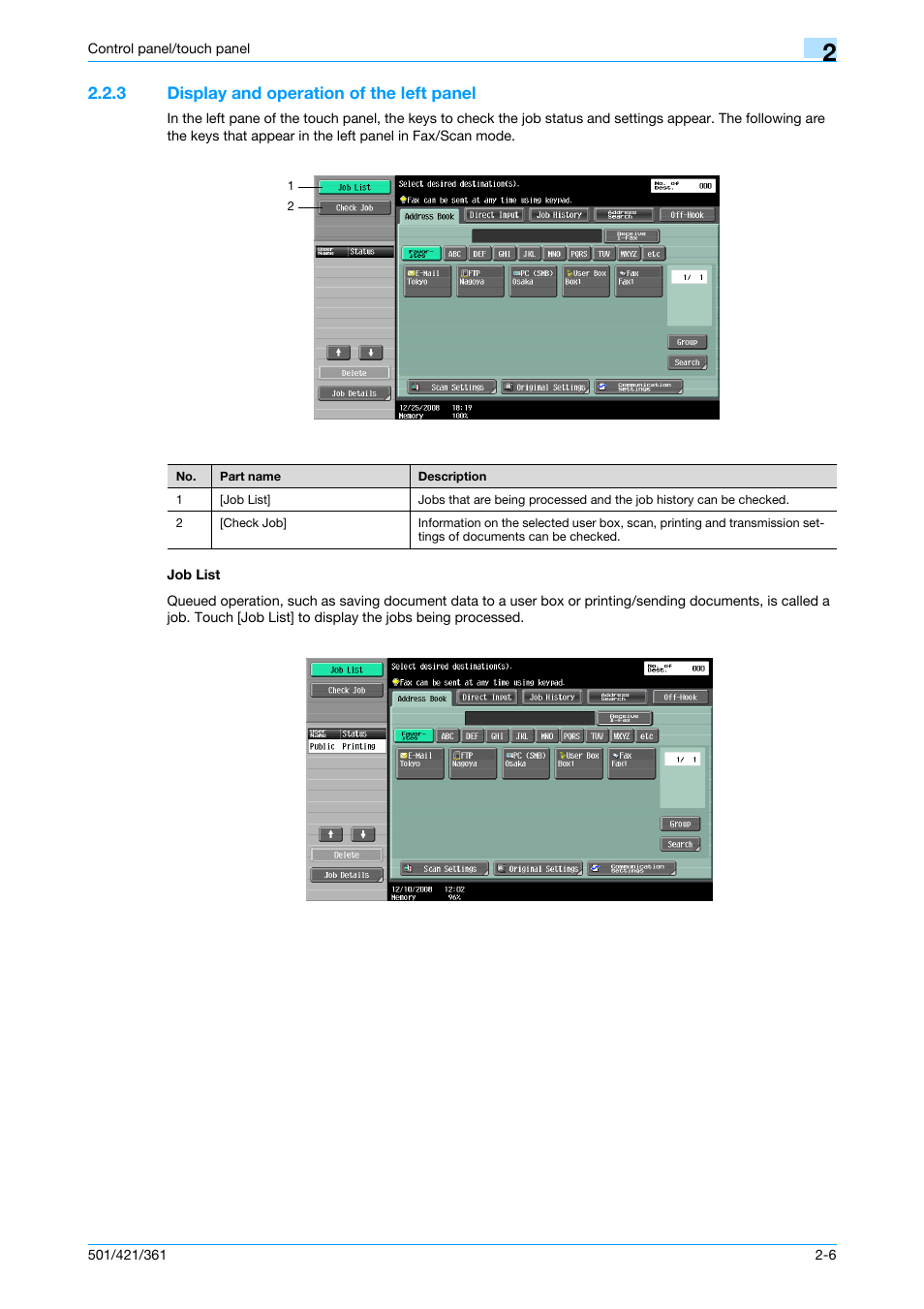 3 display and operation of the left panel, Job list | Konica Minolta bizhub 421 User Manual | Page 38 / 321