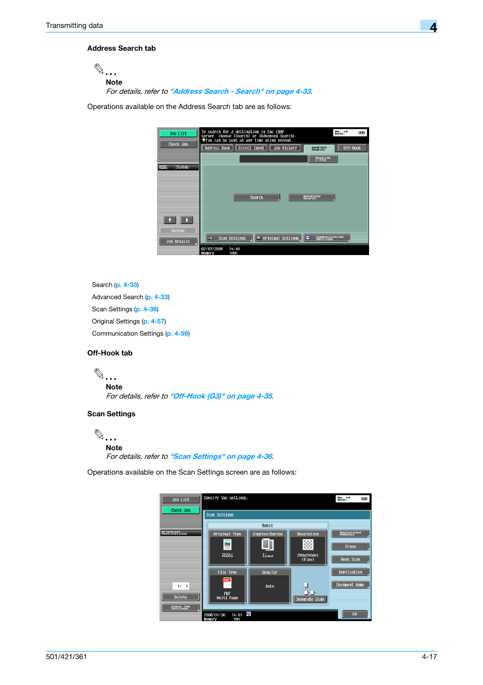 Address search tab, Off-hook tab, Scan settings | Konica Minolta bizhub 421 User Manual | Page 70 / 321