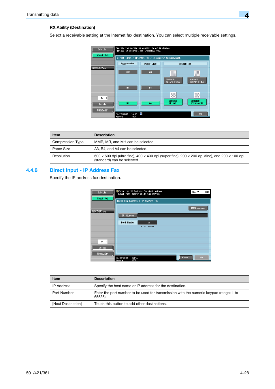 Rx ability (destination), 8 direct input - ip address fax, Rx ability (destination) -28 | Direct input - ip address fax -28, P. 4-28 | Konica Minolta bizhub 421 User Manual | Page 81 / 321