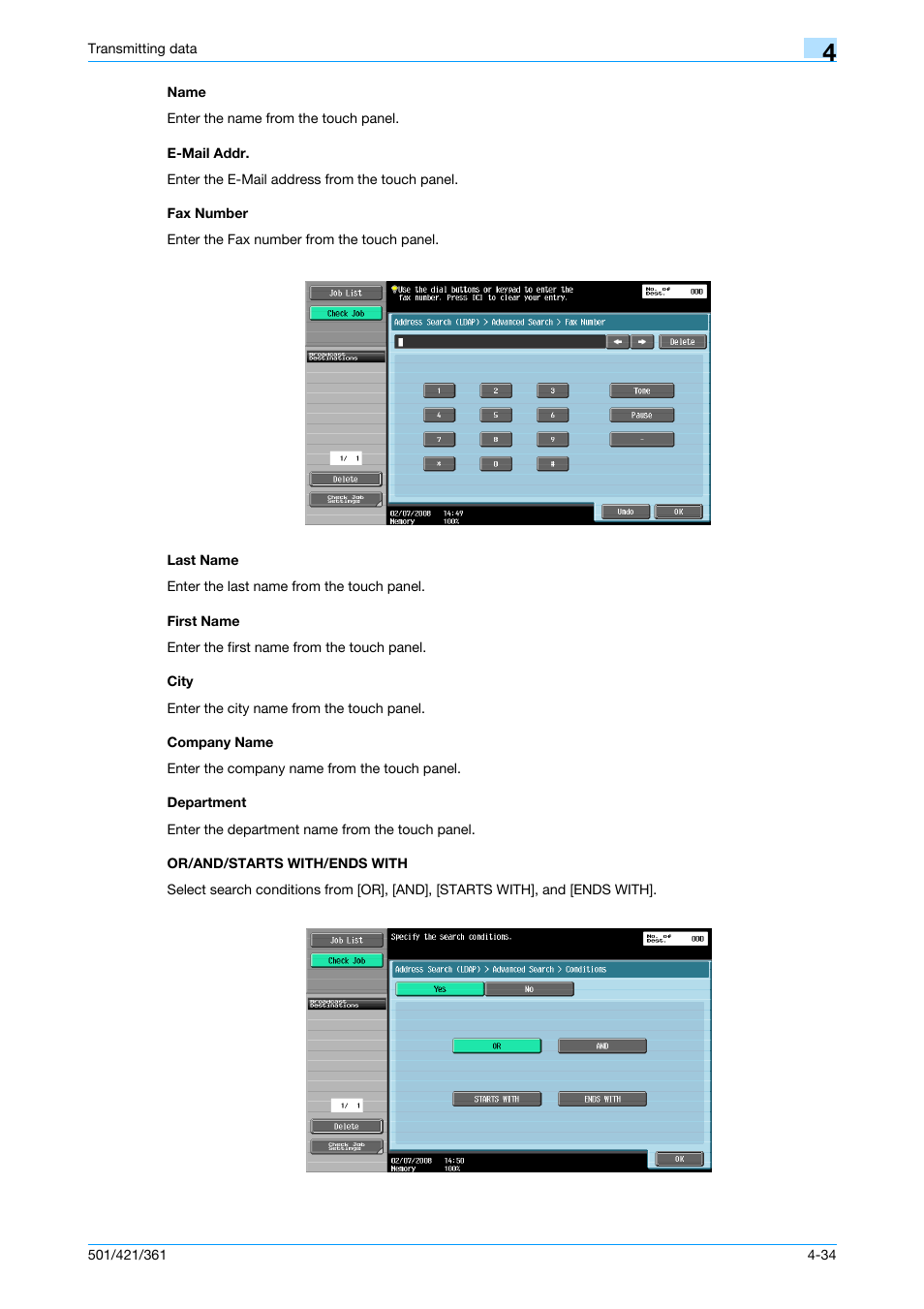 Name, E-mail addr, Fax number | Last name, First name, City, Company name, Department, Or/and/starts with/ends with | Konica Minolta bizhub 421 User Manual | Page 87 / 321