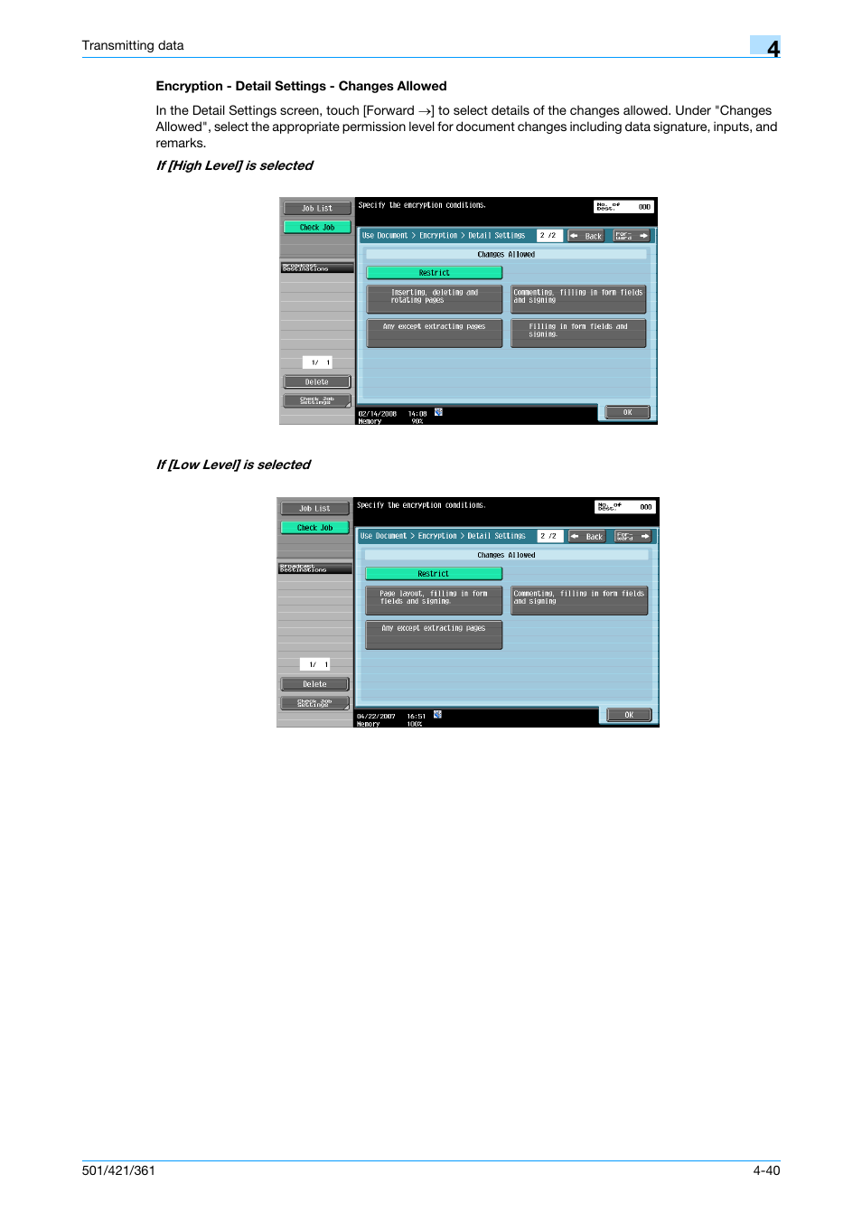 Encryption - detail settings - changes allowed, Encryption - detail settings - changes allowed -40 | Konica Minolta bizhub 421 User Manual | Page 93 / 321