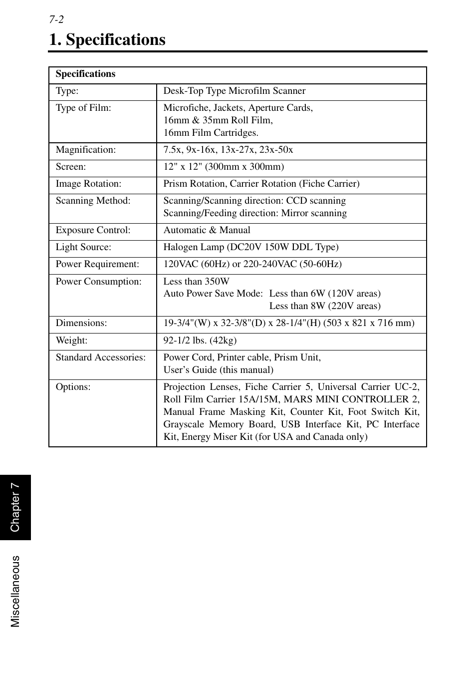 Specifications, Specifications -2 | Konica Minolta MSP3500 User Manual | Page 120 / 136