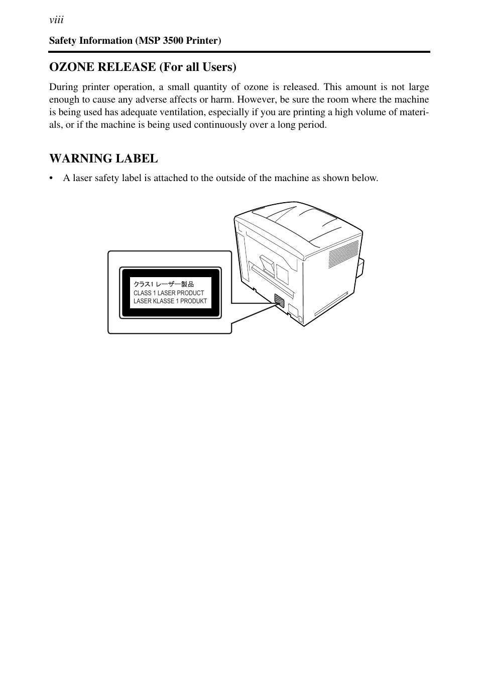 Ozone release (for all users), Warning label | Konica Minolta MSP3500 User Manual | Page 16 / 136
