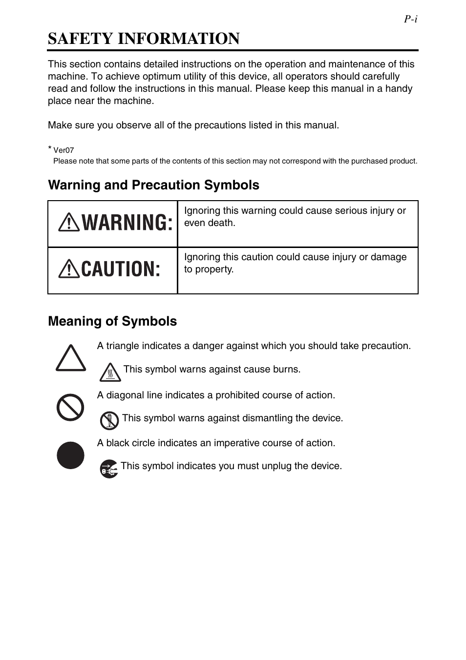 Safety information, Warning and precaution symbols, Meaning of symbols | Konica Minolta MSP3500 User Manual | Page 3 / 136