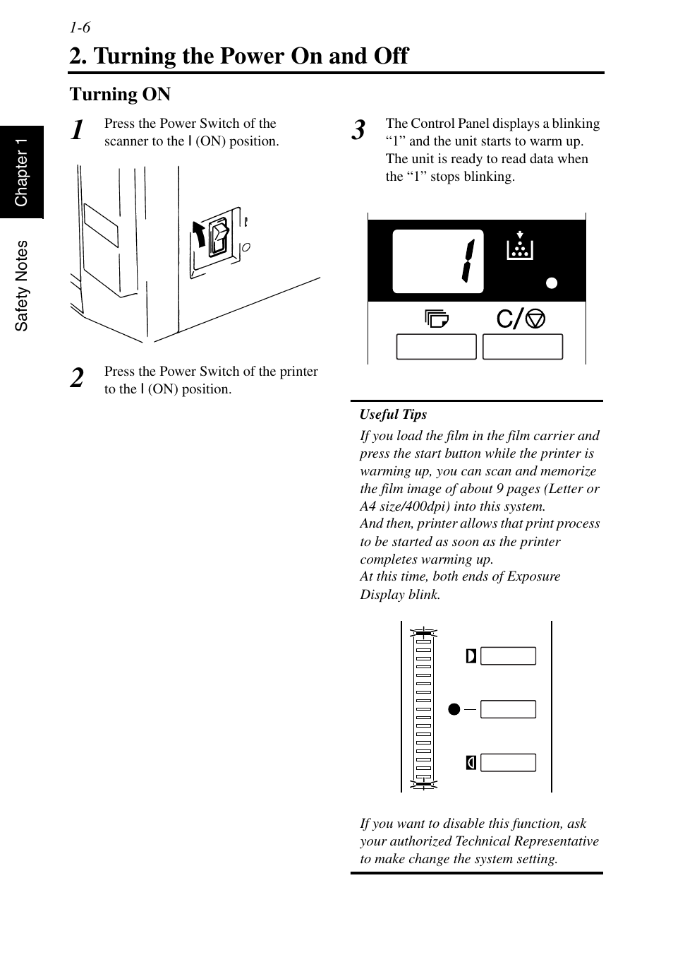 Turning the power on and off, Turning on, Turning the power on and off -6 | Turning on -6 | Konica Minolta MSP3500 User Manual | Page 30 / 136