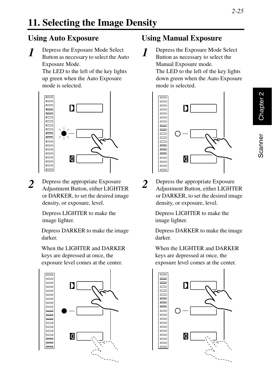 Selecting the image density, Using auto exposure, Using manual exposure | Selecting the image density -25, Using auto exposure -25 using manual exposure -25, See p. 2-24 | Konica Minolta MSP3500 User Manual | Page 57 / 136