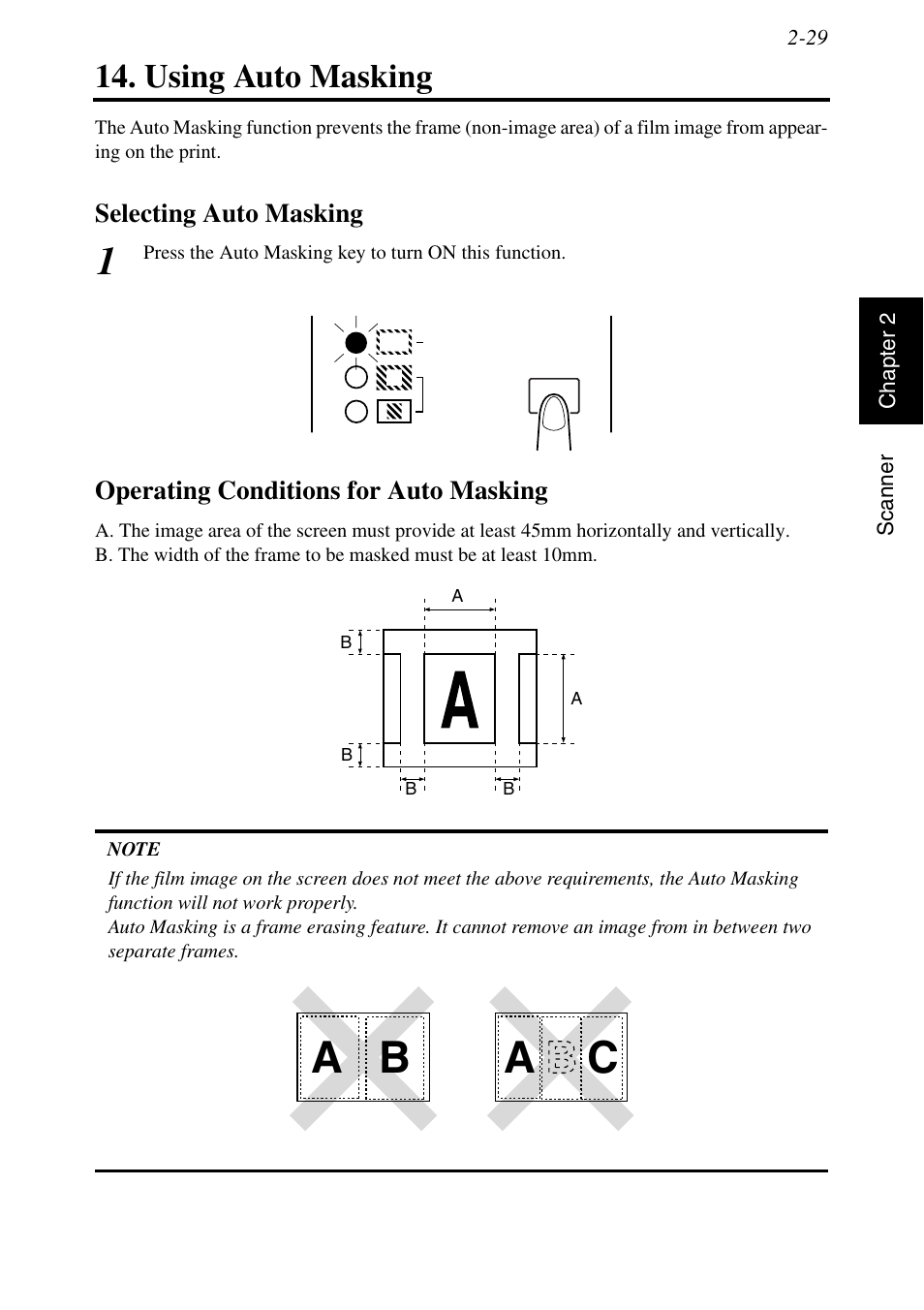 Using auto masking, Selecting auto masking, Operating conditions for auto masking | Using auto masking -29, See p. 2-29, A b a c, Masking | Konica Minolta MSP3500 User Manual | Page 61 / 136