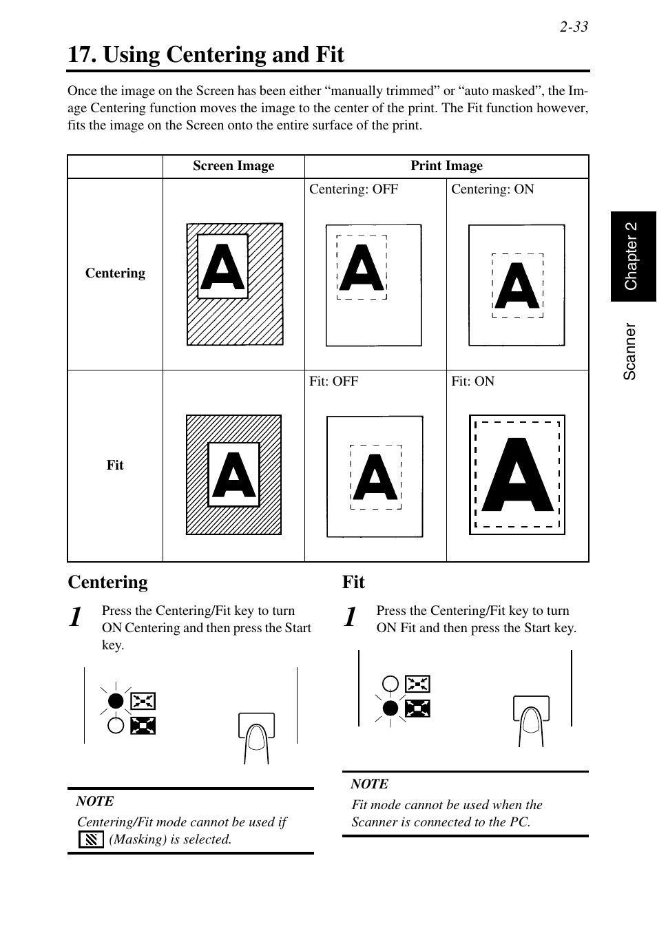 Using centering and fit, Centering, Using centering and fit -33 | Centering -33 fit -33, See p. 2-33, Centering/fit | Konica Minolta MSP3500 User Manual | Page 65 / 136