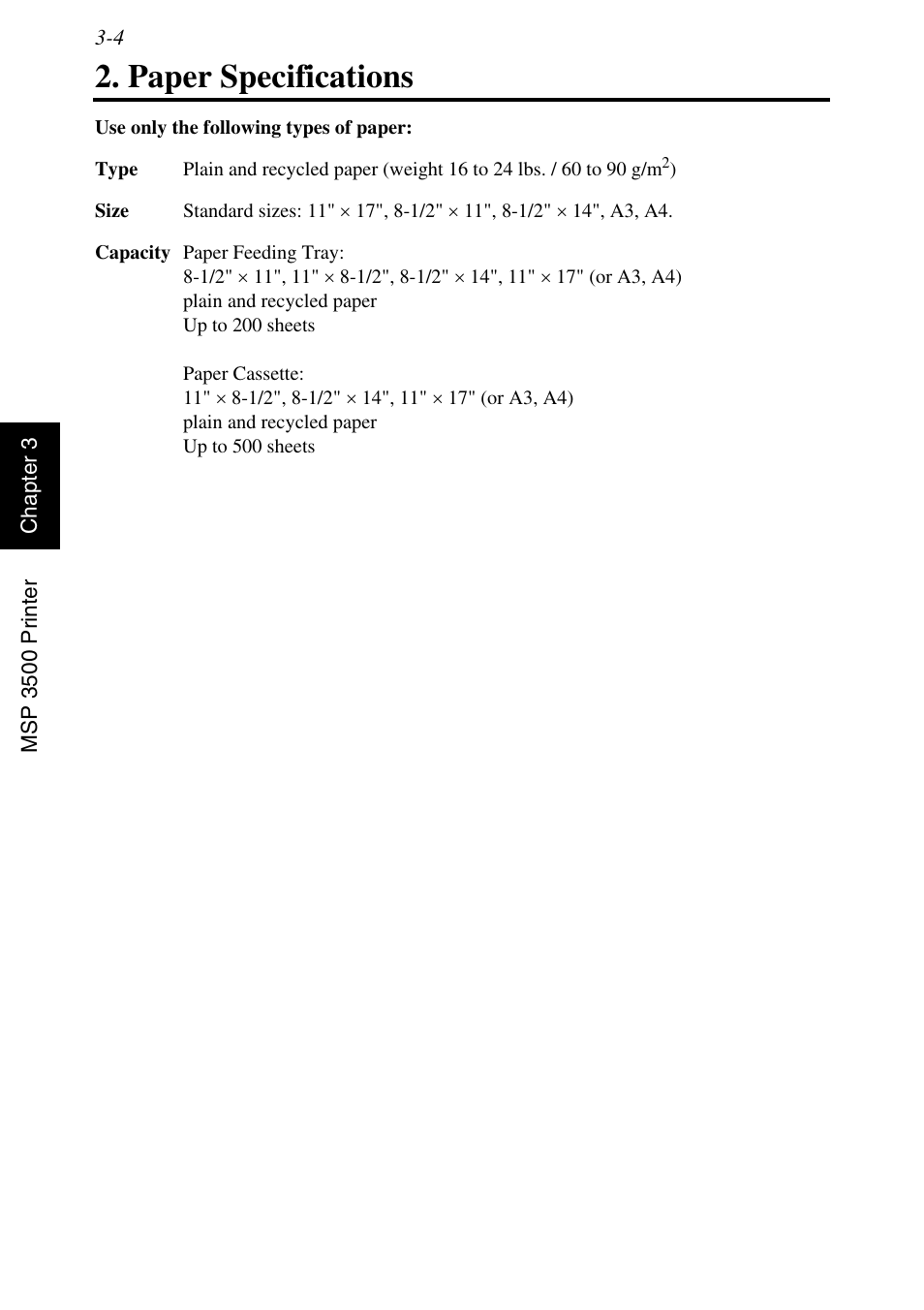Paper specifications, Paper specifications -4 | Konica Minolta MSP3500 User Manual | Page 80 / 136