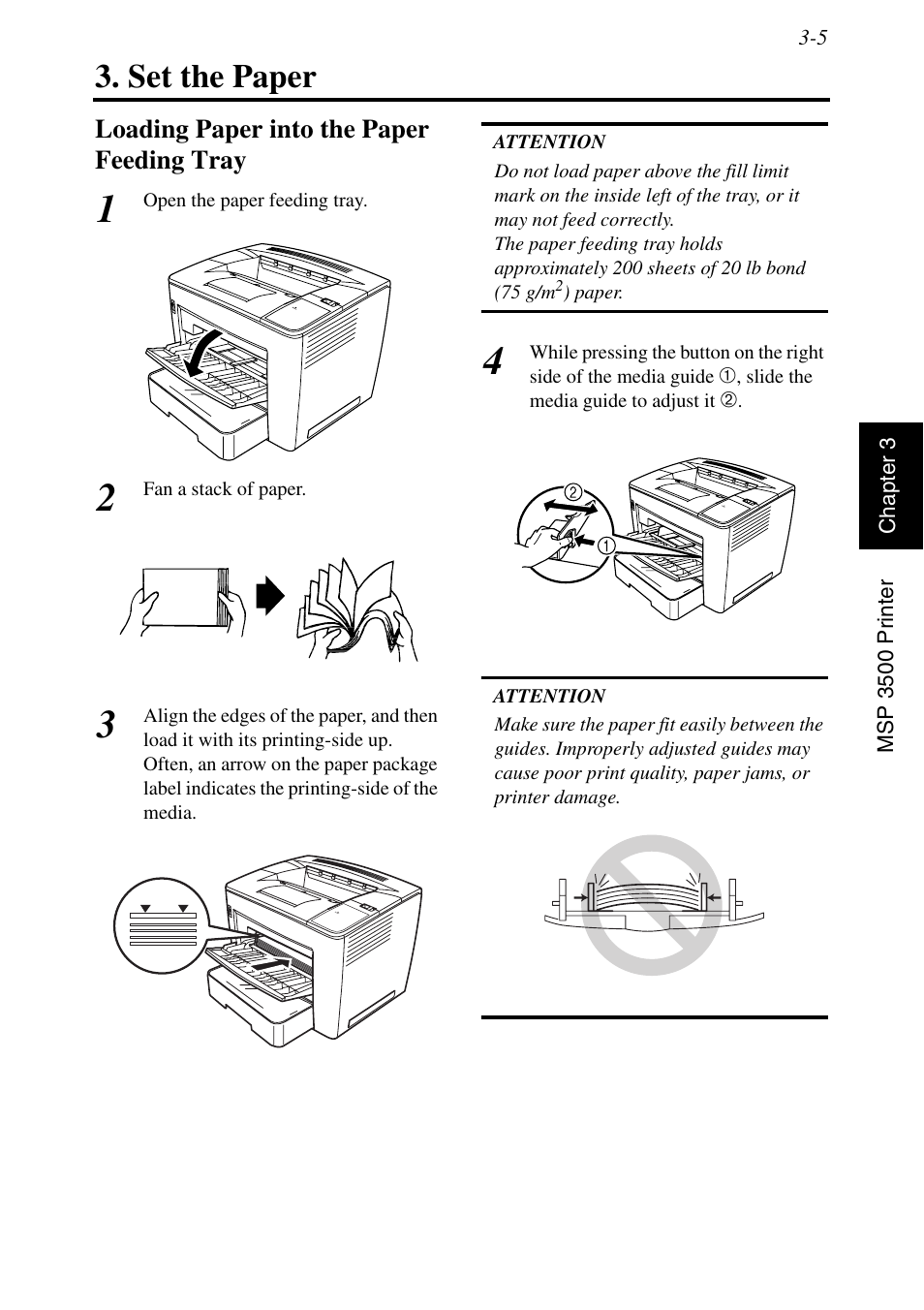 Set the paper, Loading paper into the paper feeding tray, Set the paper -5 | Loading paper into the paper feeding tray -5 | Konica Minolta MSP3500 User Manual | Page 81 / 136