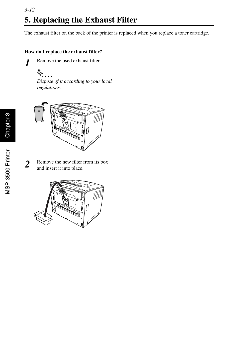 Replacing the exhaust filter, Replacing the exhaust filter -12 | Konica Minolta MSP3500 User Manual | Page 88 / 136