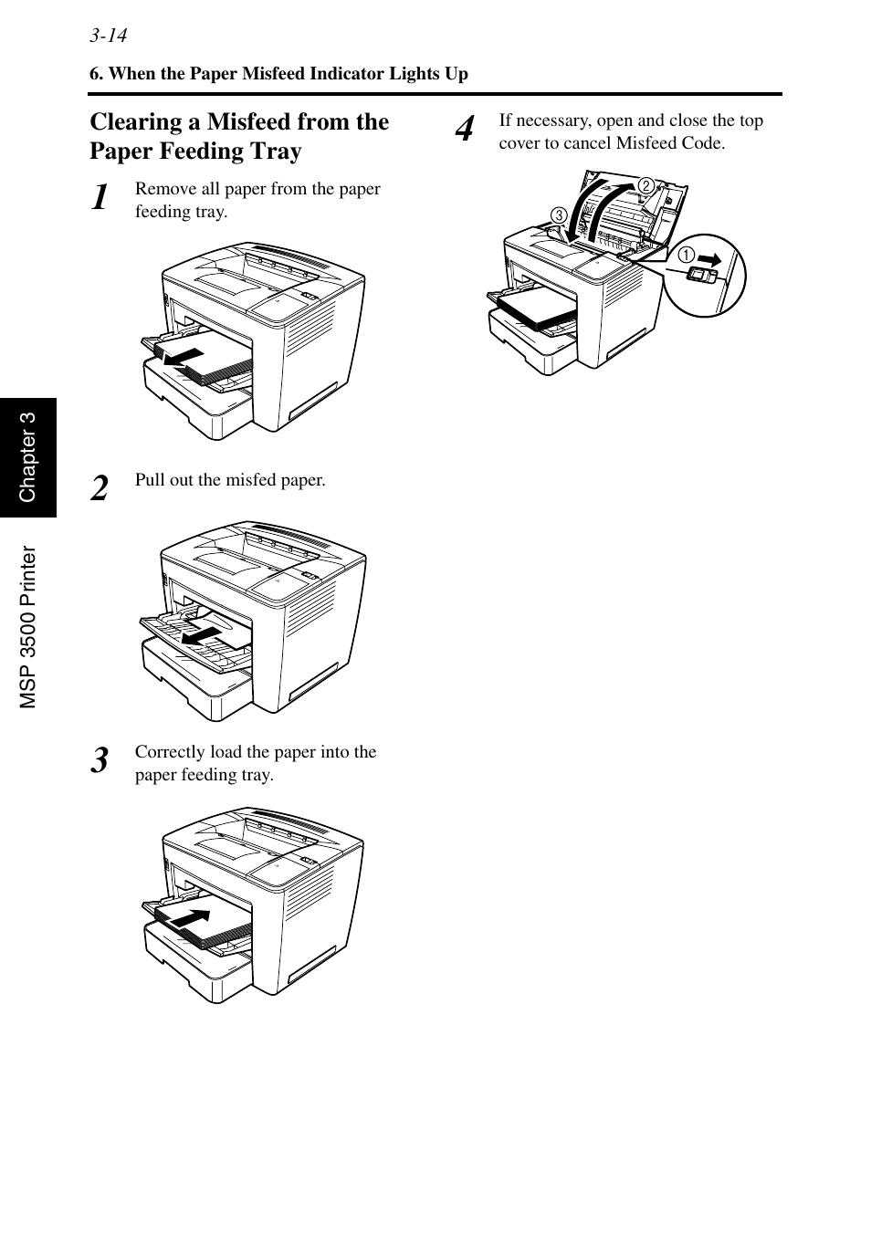 Clearing a misfeed from the paper feeding tray, Clearing a misfeed from the paper feeding tray -14 | Konica Minolta MSP3500 User Manual | Page 90 / 136