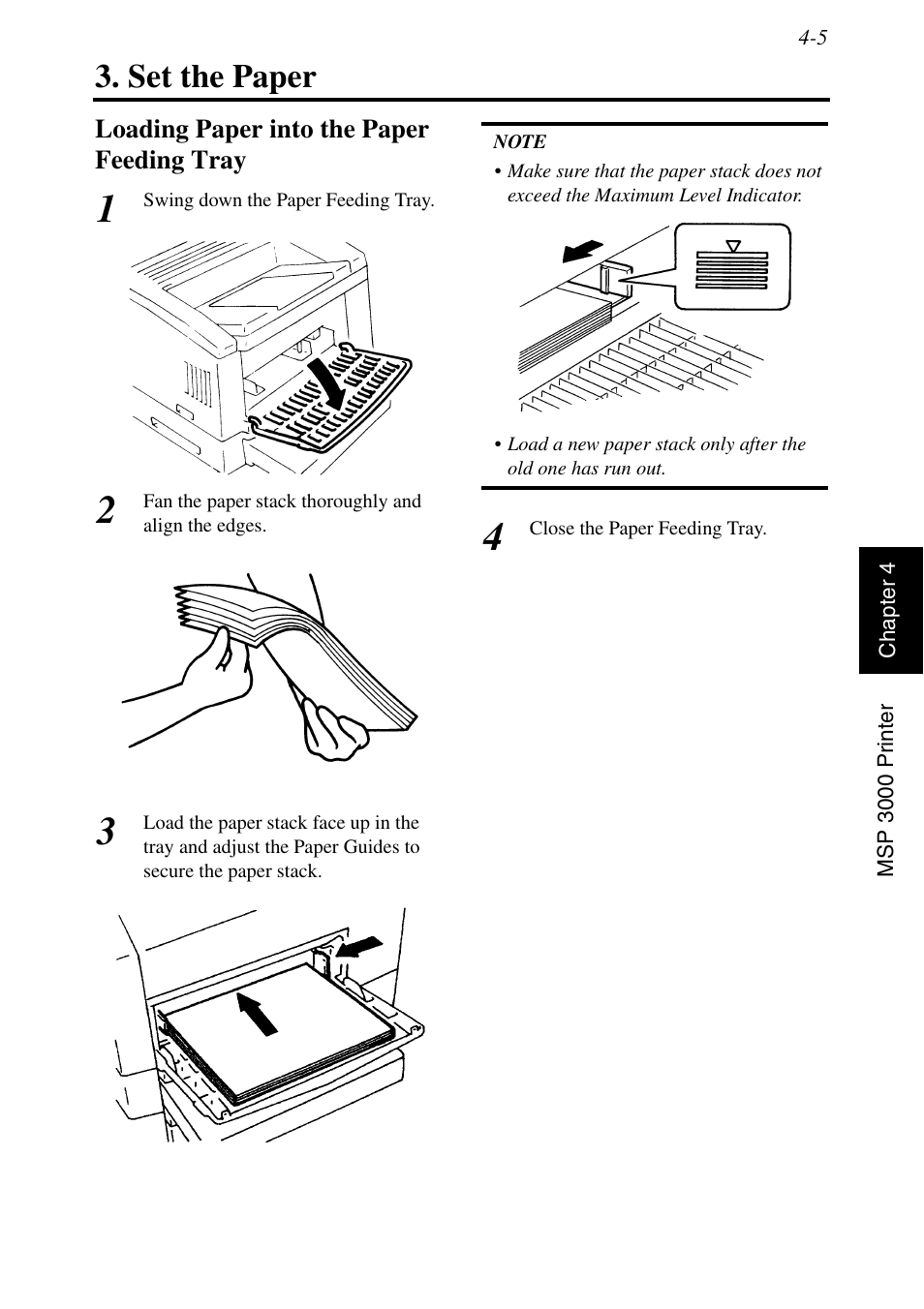 Set the paper, Loading paper into the paper feeding tray, Set the paper -5 | Loading paper into the paper feeding tray -5 | Konica Minolta MSP3500 User Manual | Page 99 / 136