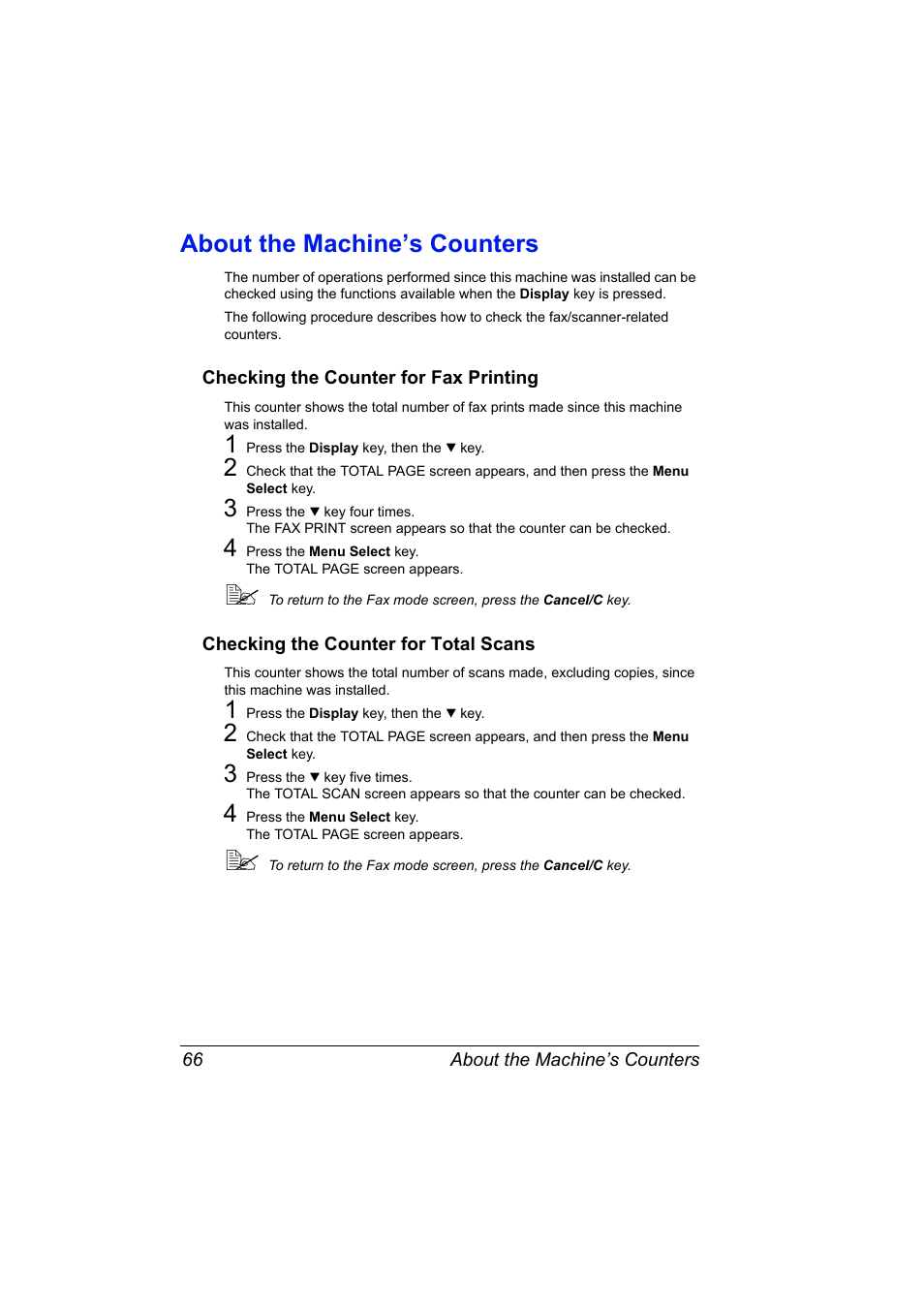 About the machine’s counters, Checking the counter for fax printing, Checking the counter for total scans | About the machine’s counters 66 | Konica Minolta bizhub C10 User Manual | Page 72 / 92