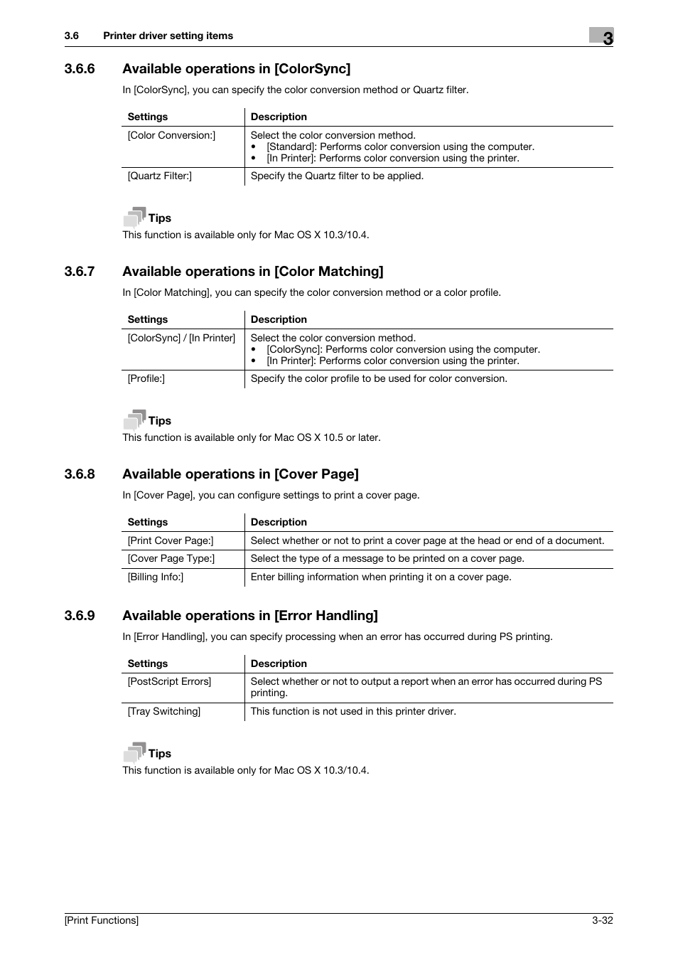 6 available operations in [colorsync, 7 available operations in [color matching, 9 available operations in [error handling | Available operations in [colorsync] -32, Available operations in [color matching] -32, Available operations in [error handling] -32, 8 available operations in [cover page | Konica Minolta bizhub 4050 User Manual | Page 104 / 115