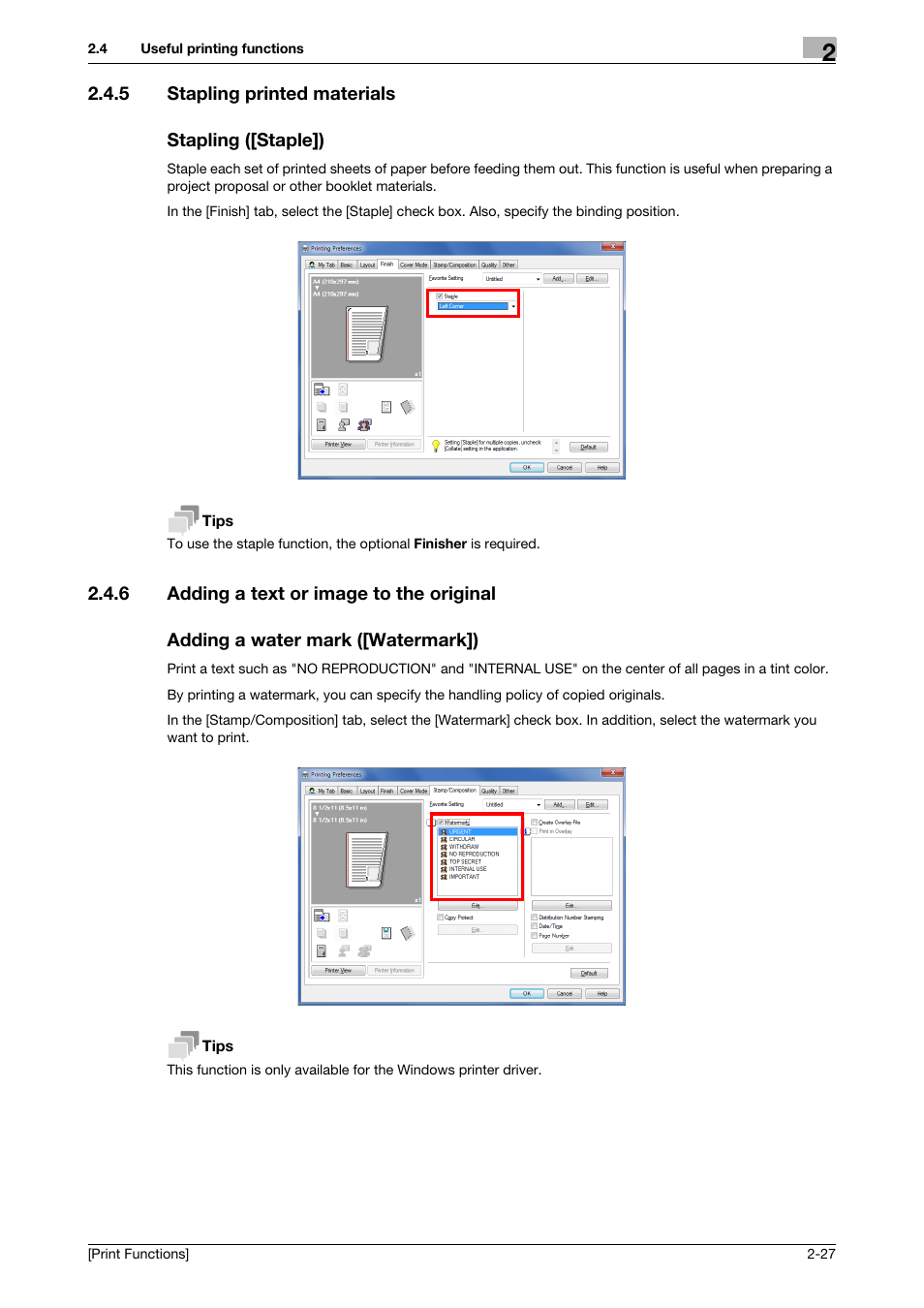 5 stapling printed materials, Stapling ([staple]), 6 adding a text or image to the original | Adding a water mark ([watermark]) | Konica Minolta bizhub 4050 User Manual | Page 37 / 115