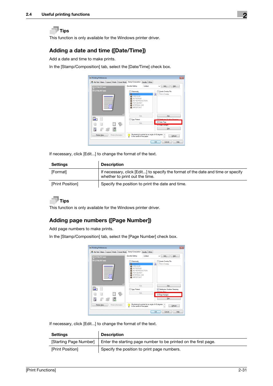 Adding a date and time ([date/time]), Adding page numbers ([page number]) | Konica Minolta bizhub 4050 User Manual | Page 41 / 115