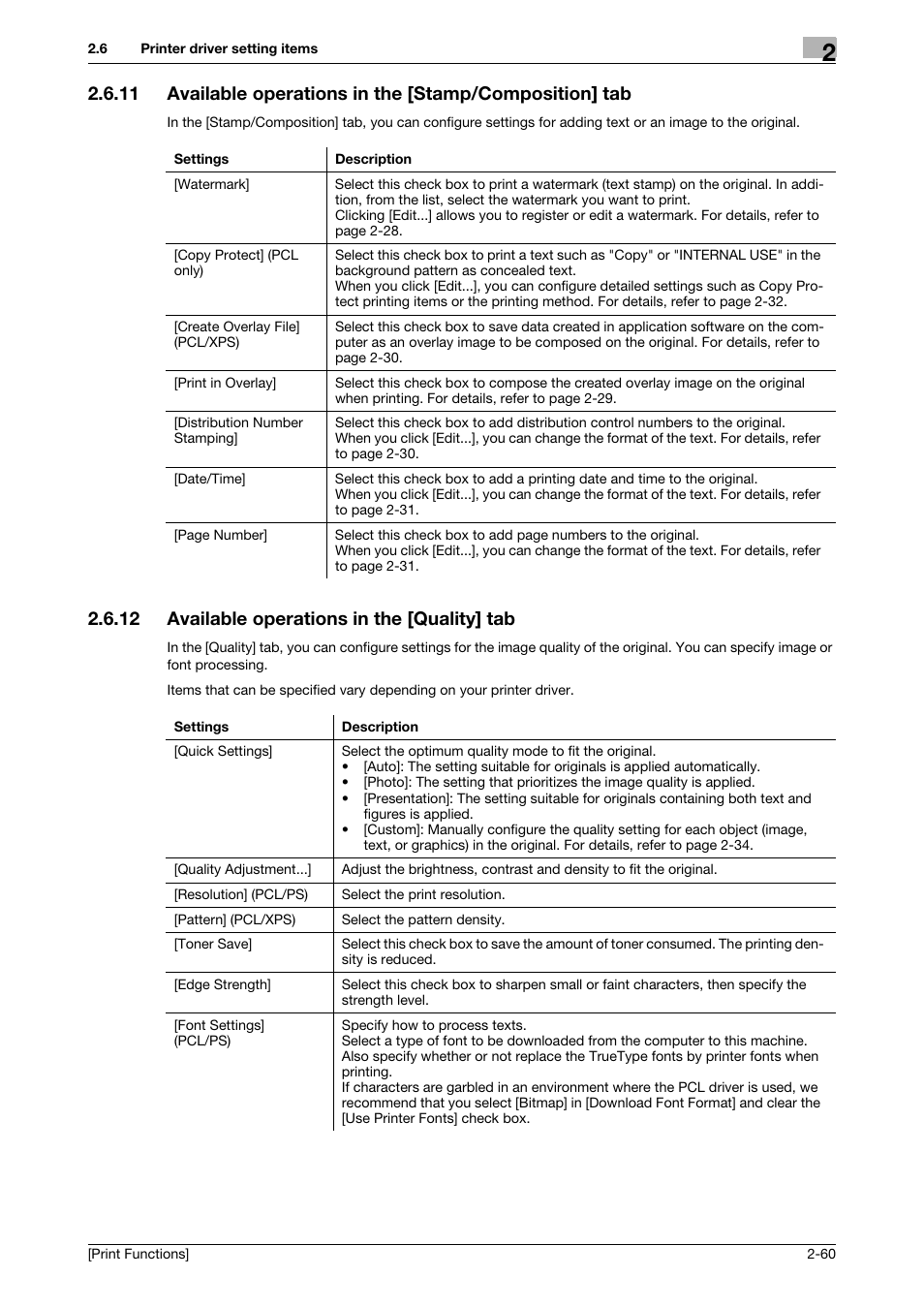 12 available operations in the [quality] tab, Available operations in the [quality] tab -60 | Konica Minolta bizhub 4050 User Manual | Page 70 / 115