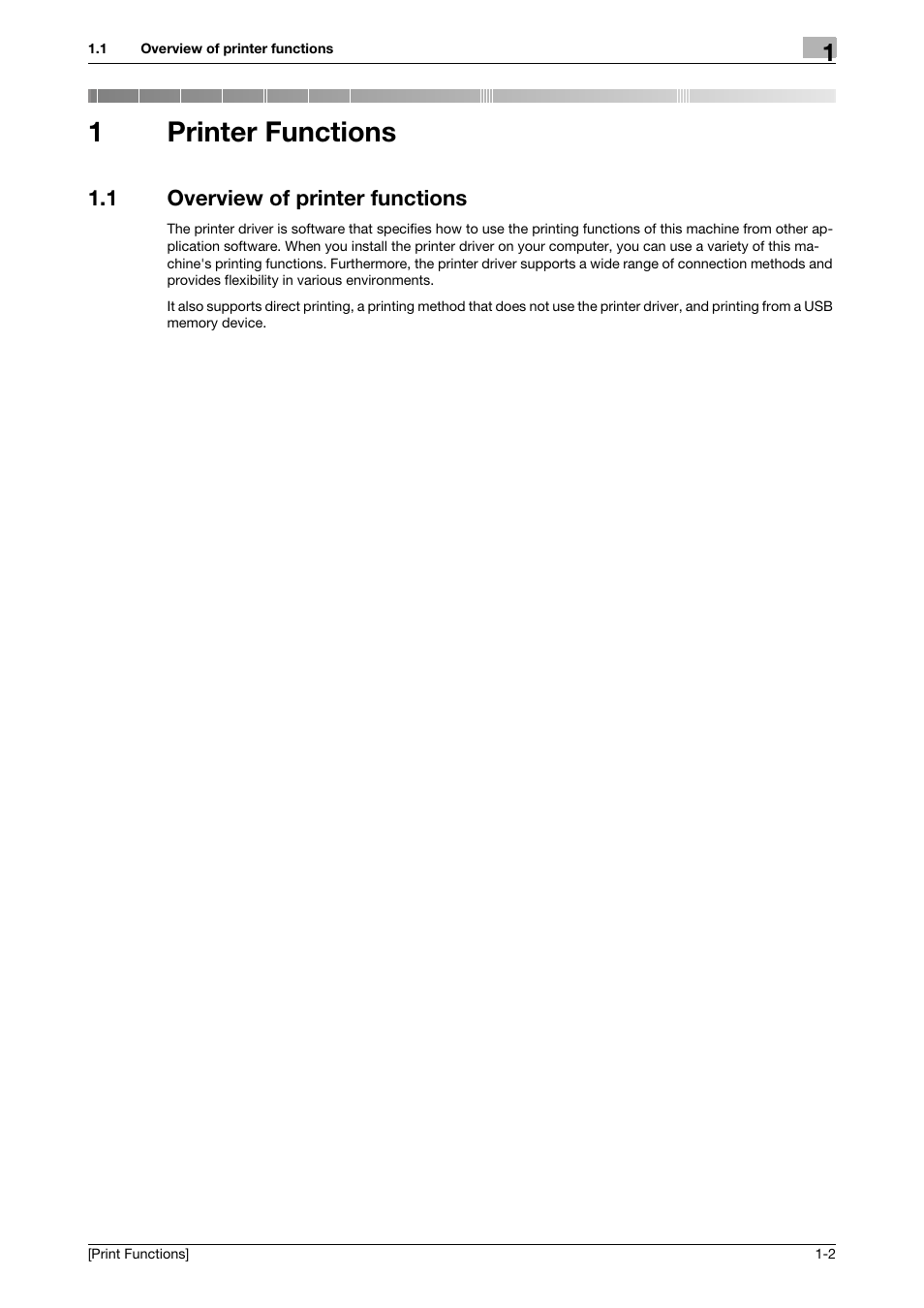 1 printer functions, 1 overview of printer functions, Printer functions | Overview of printer functions -2, 1printer functions | Konica Minolta bizhub 4050 User Manual | Page 8 / 115