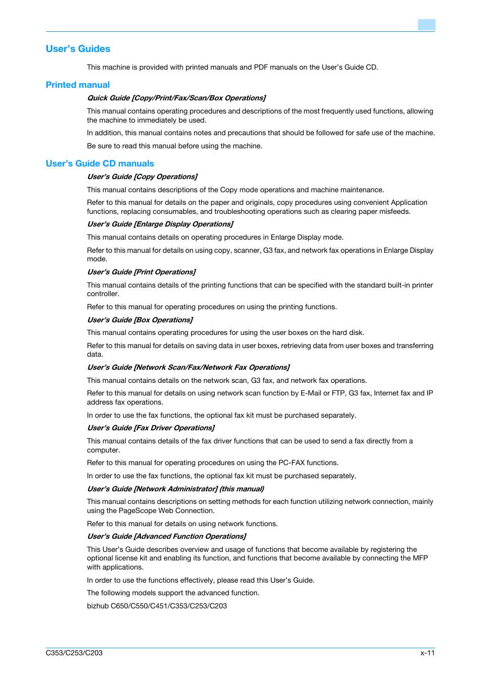 User’s guides, Printed manual, User’s guide cd manuals | Konica Minolta bizhub C353 User Manual | Page 12 / 262