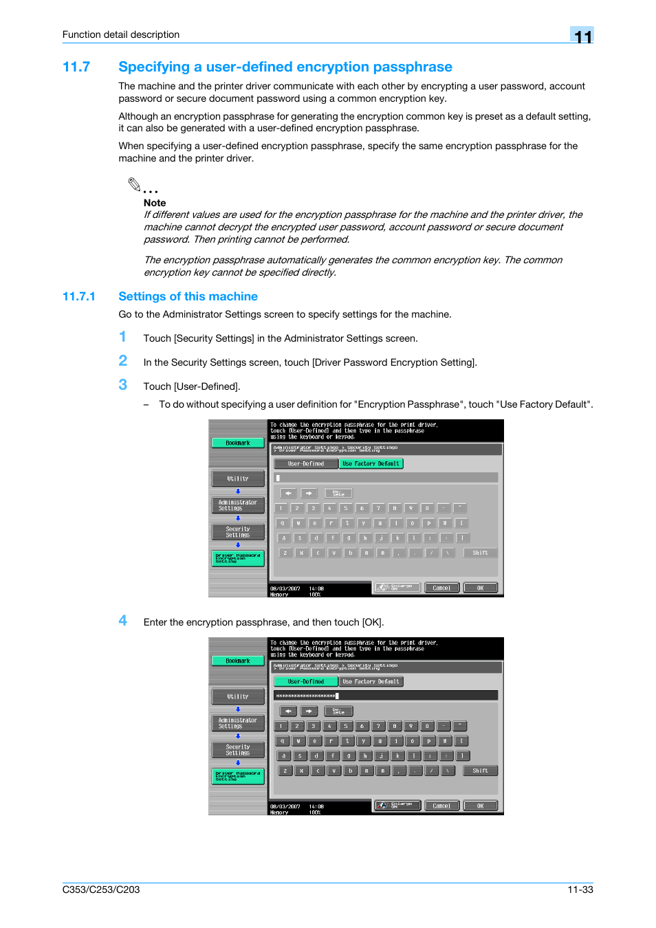 7 specifying a user-defined encryption passphrase, 1 settings of this machine, Settings of this machine -33 | Specifying | Konica Minolta bizhub C353 User Manual | Page 162 / 262