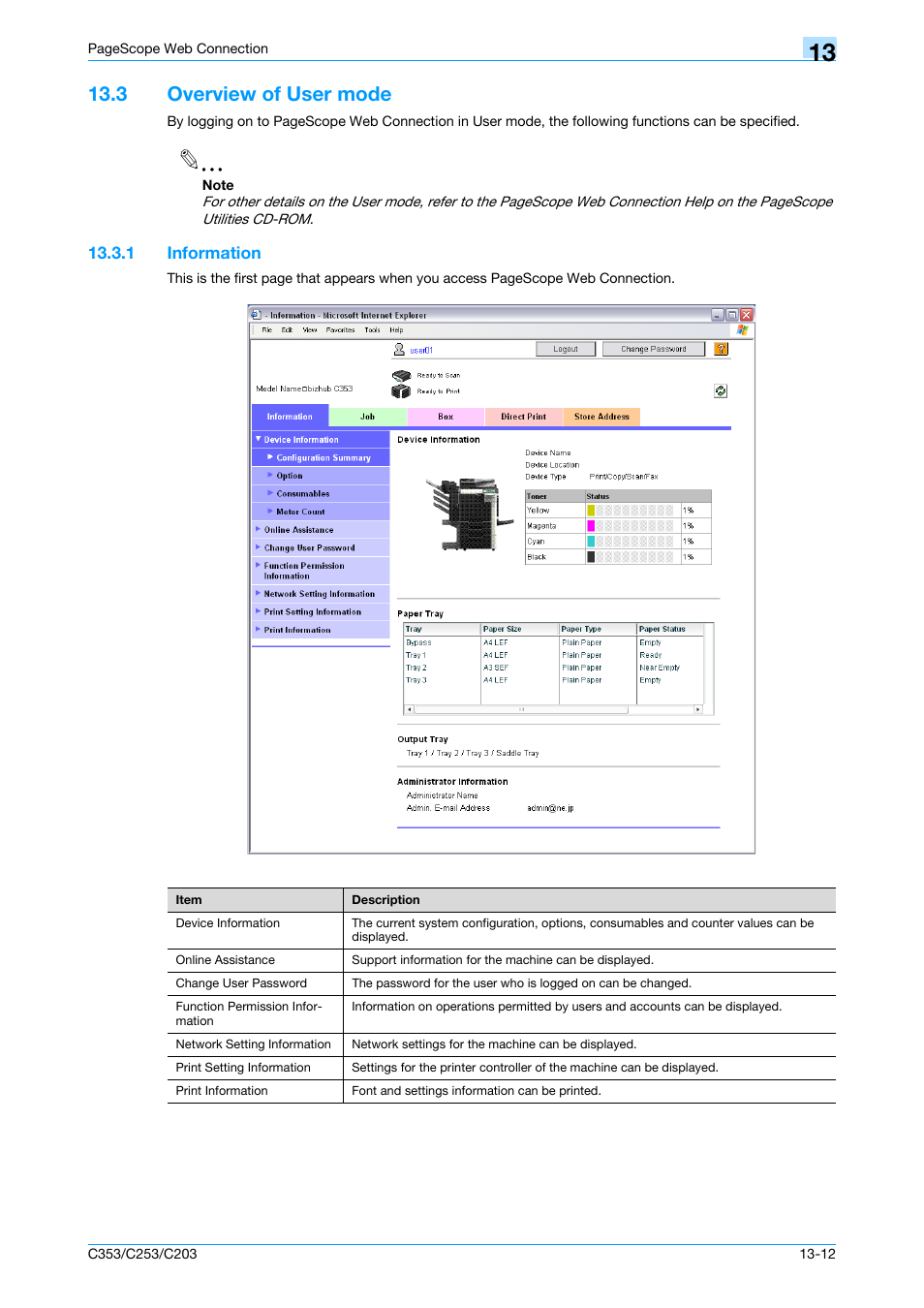 3 overview of user mode, 1 information, Overview of user mode -12 | Information -12, Informa, Information" on | Konica Minolta bizhub C353 User Manual | Page 229 / 262
