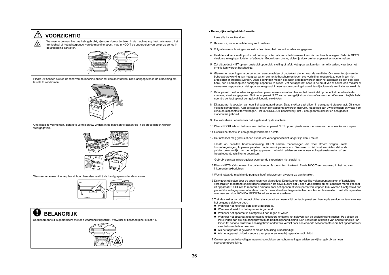 Voorzichtig, Belangrijk | Konica Minolta bizhub 20 User Manual | Page 37 / 57