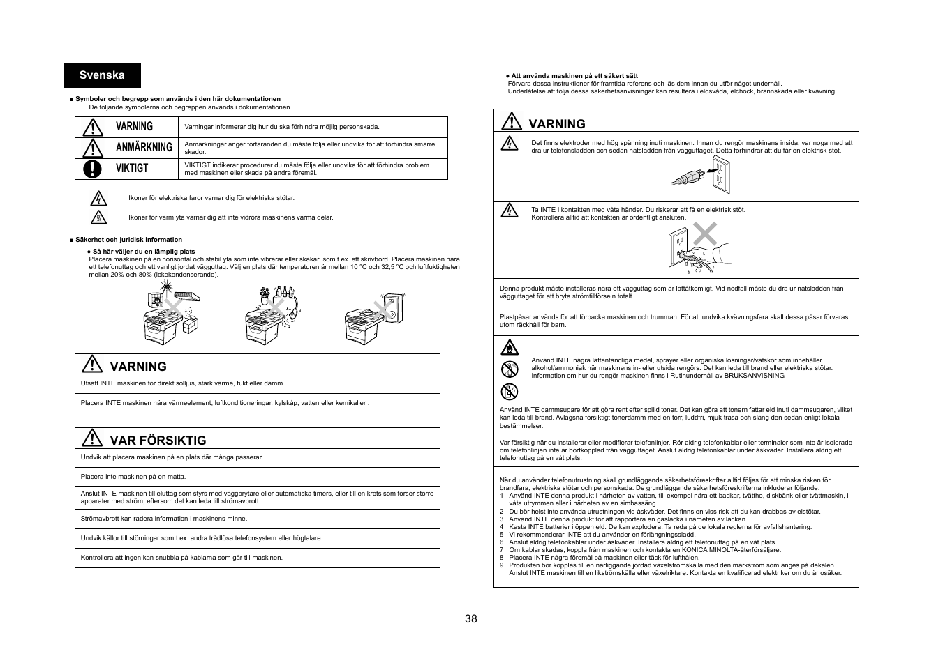 Varning, Anmärkning, Viktigt | Var försiktig, 38 svenska | Konica Minolta bizhub 20 User Manual | Page 39 / 57