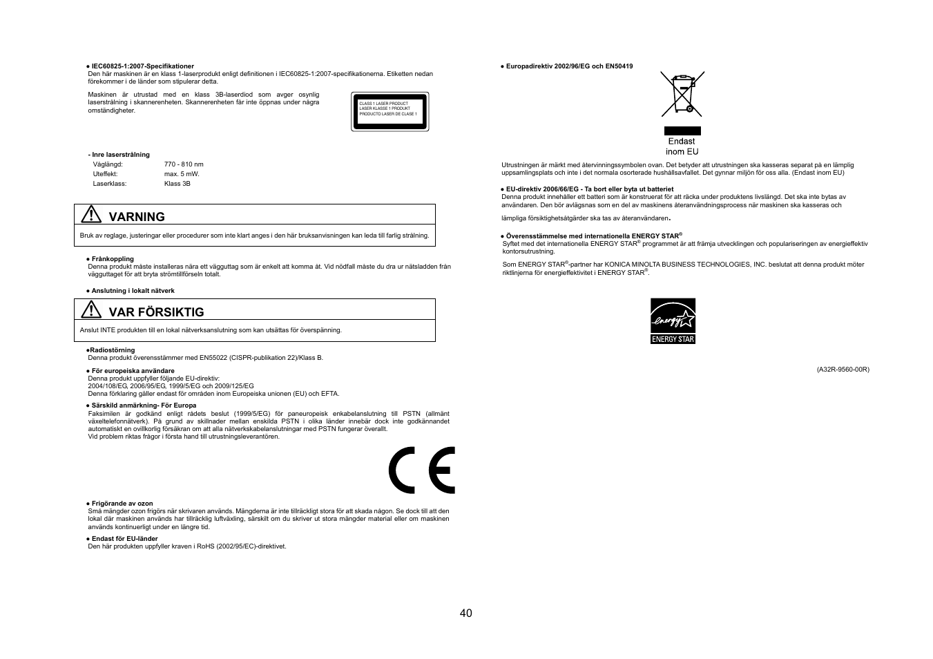Varning, Var försiktig | Konica Minolta bizhub 20 User Manual | Page 41 / 57