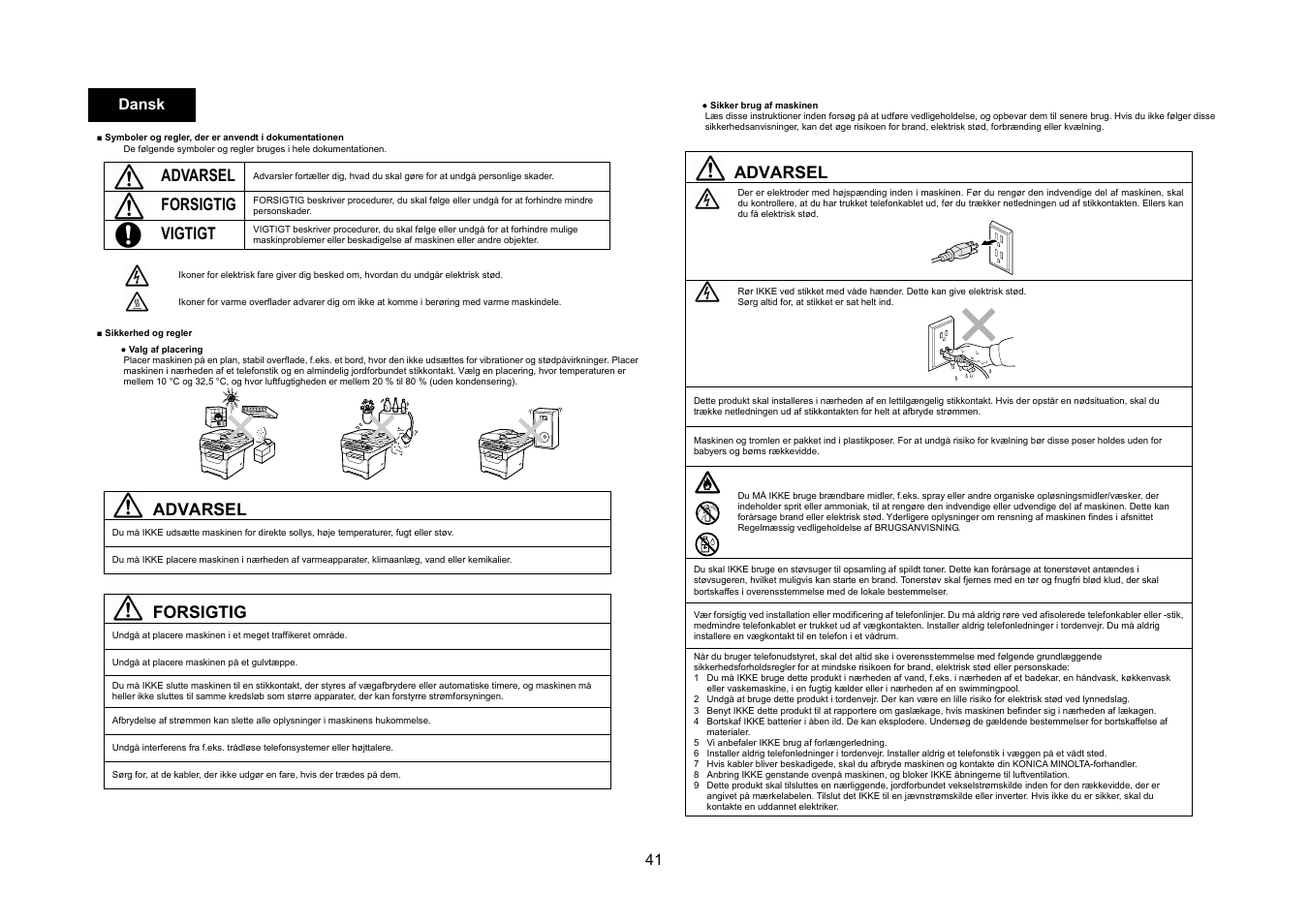 Advarsel, Forsigtig, Vigtigt | 41 dansk | Konica Minolta bizhub 20 User Manual | Page 42 / 57