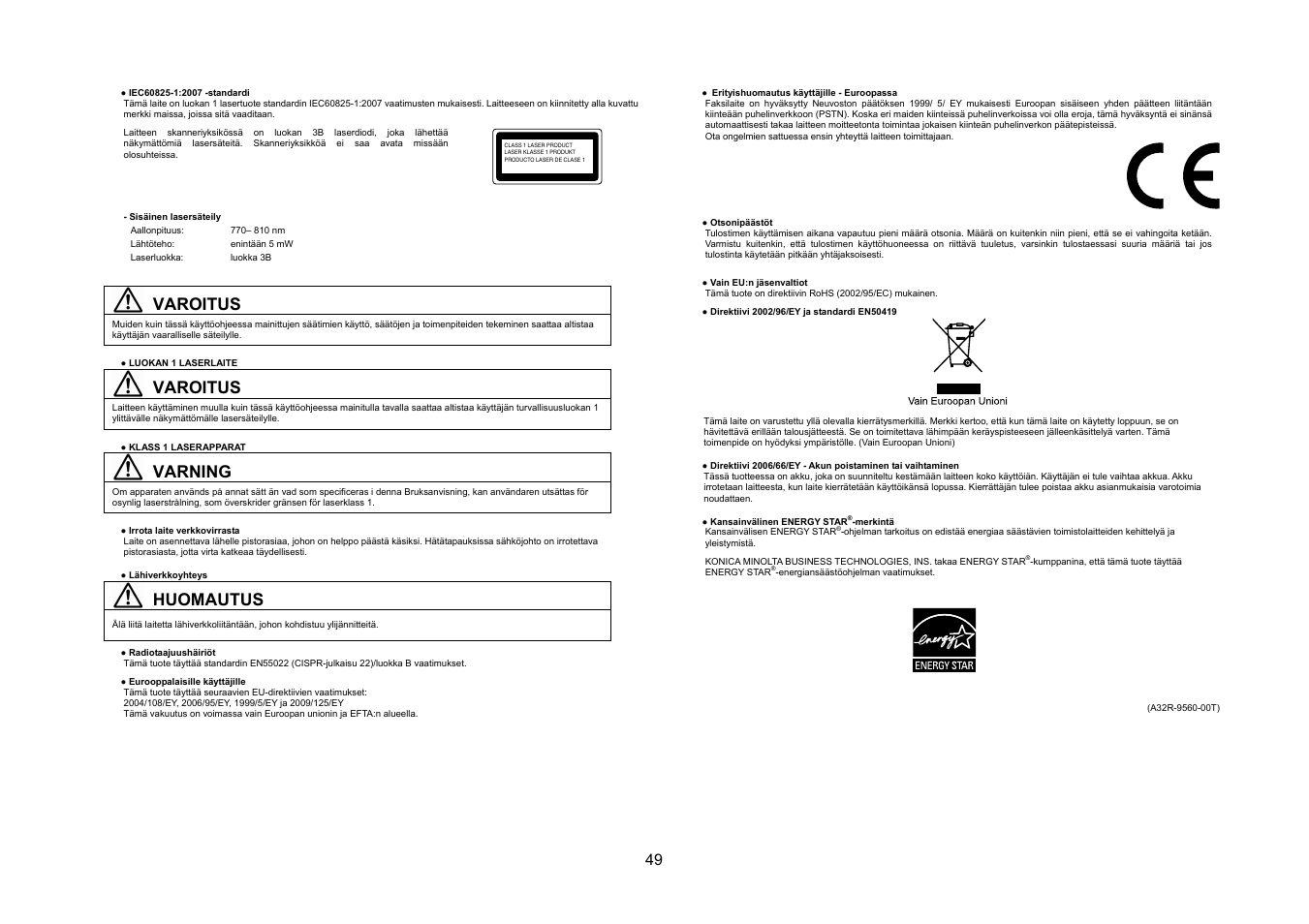 Varoitus, Varning, Huomautus | Konica Minolta bizhub 20 User Manual | Page 50 / 57