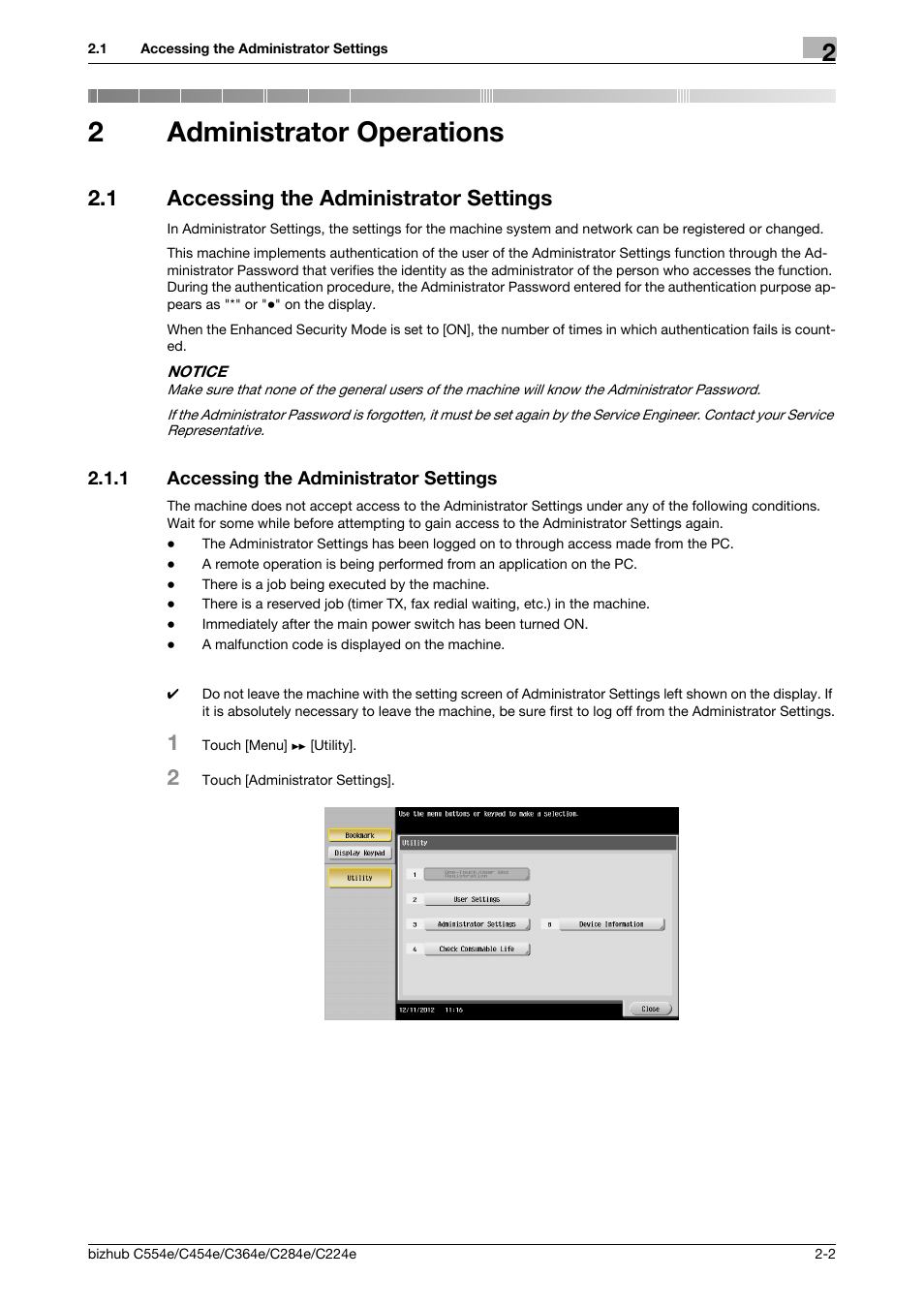 2 administrator operations, 1 accessing the administrator settings, Administrator operations | Accessing the administrator settings -2, 2administrator operations | Konica Minolta bizhub C364e User Manual | Page 14 / 58