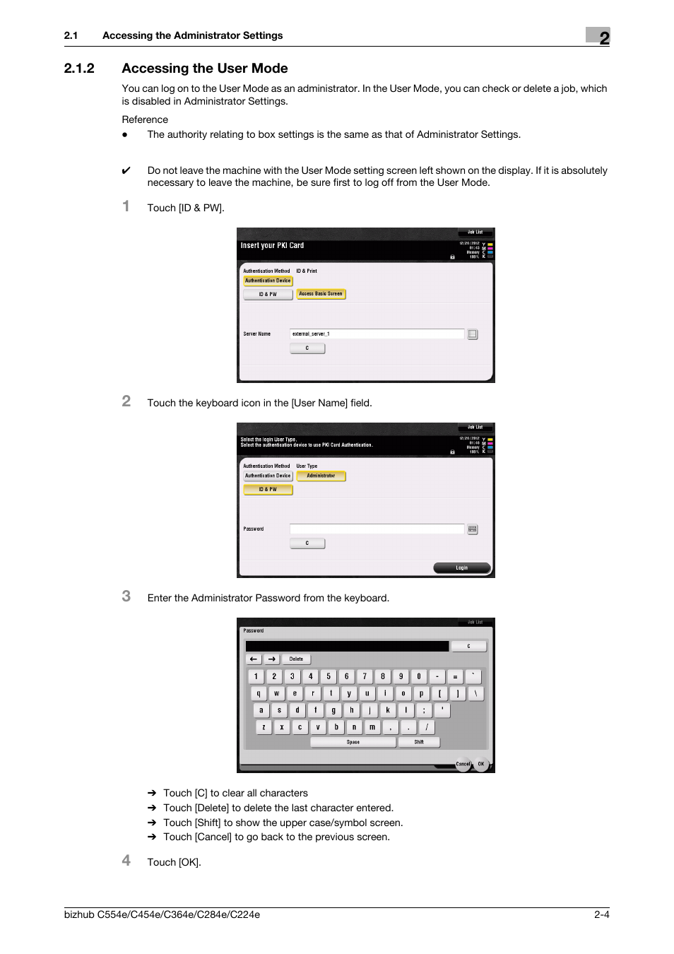 2 accessing the user mode, Accessing the user mode -4 | Konica Minolta bizhub C364e User Manual | Page 16 / 58