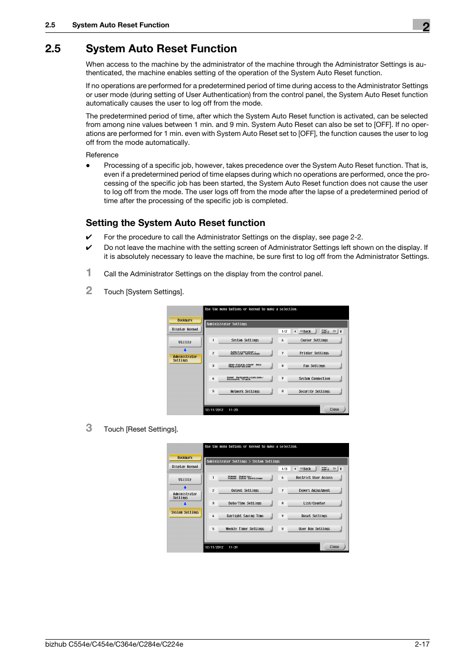 5 system auto reset function, Setting the system auto reset function | Konica Minolta bizhub C364e User Manual | Page 29 / 58
