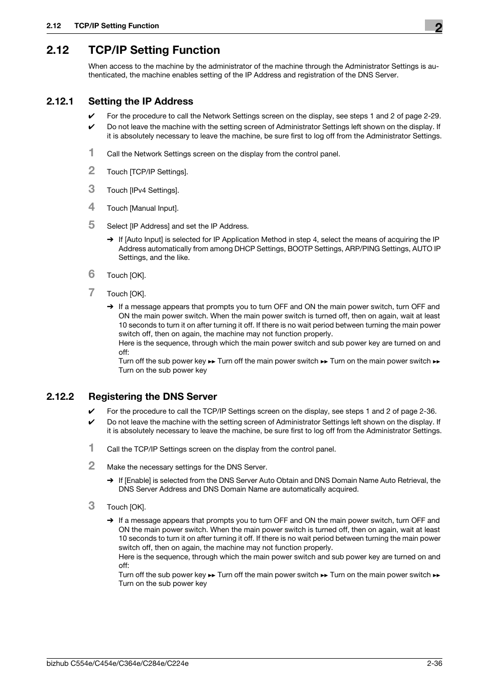 12 tcp/ip setting function, 1 setting the ip address, 2 registering the dns server | Tcp/ip setting function -36, Setting the ip address -36, Registering the dns server -36 | Konica Minolta bizhub C364e User Manual | Page 48 / 58