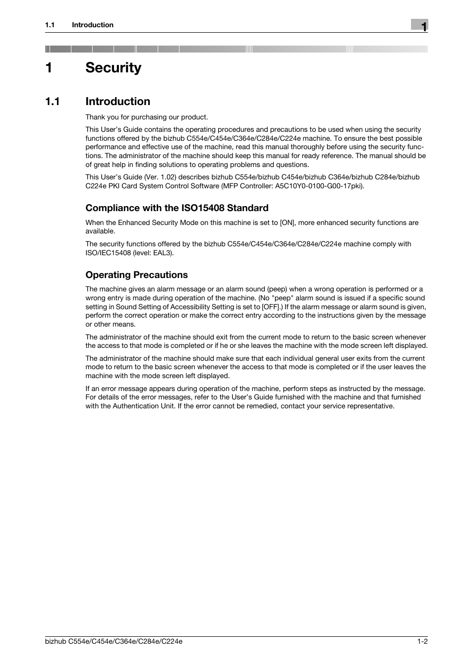 1 security, 1 introduction, Compliance with the iso15408 standard | Operating precautions, Security, 1security | Konica Minolta bizhub C364e User Manual | Page 5 / 58