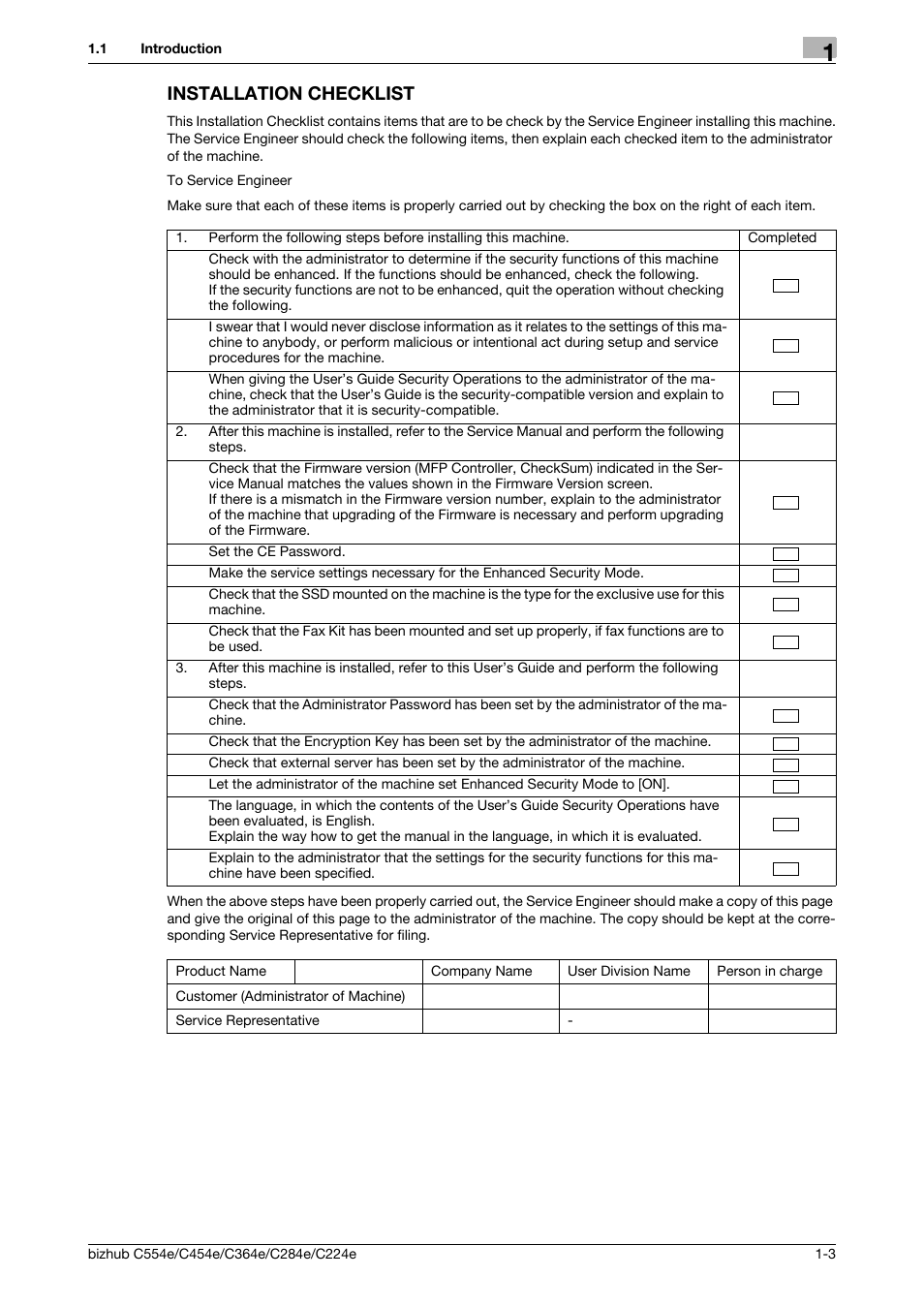 Installation checklist, Installation checklist -3 | Konica Minolta bizhub C364e User Manual | Page 6 / 58