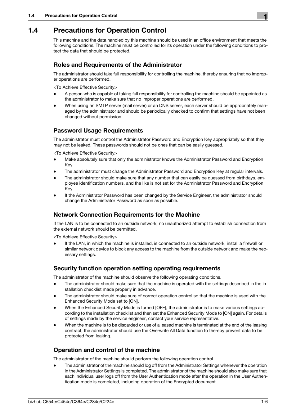 4 precautions for operation control, Roles and requirements of the administrator, Password usage requirements | Network connection requirements for the machine, Operation and control of the machine | Konica Minolta bizhub C364e User Manual | Page 9 / 58