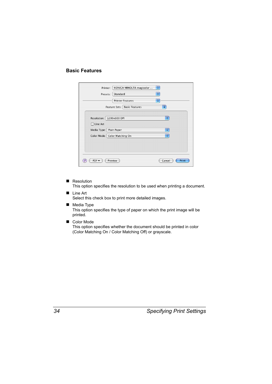 Basic features, Basic features 34, Specifying print settings 34 | Konica Minolta magicolor 2590MF User Manual | Page 44 / 198