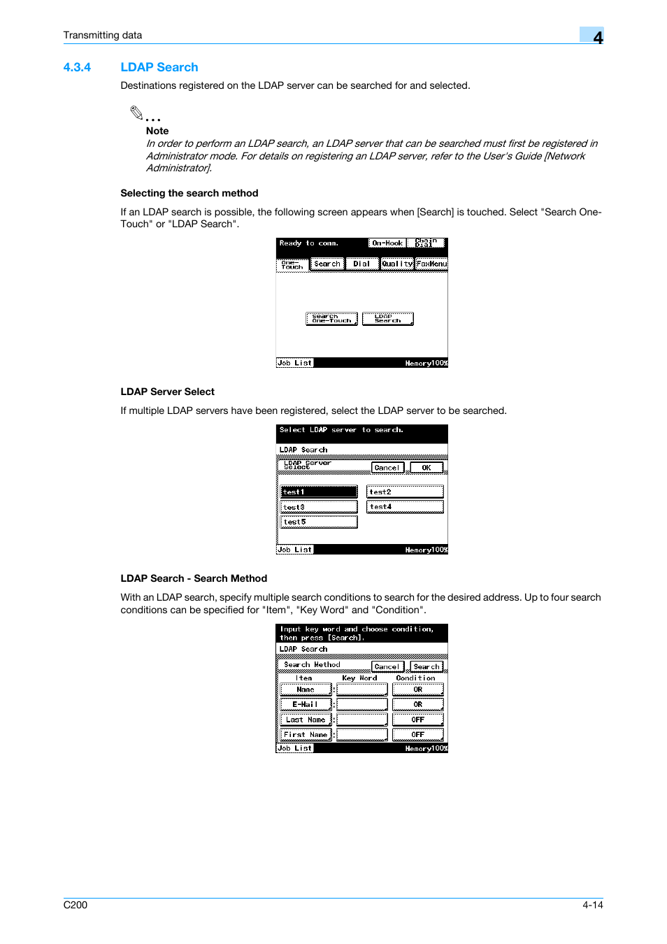 4 ldap search, Selecting the search method, Ldap server select | Ldap search - search method, P. 4-14 | Konica Minolta bizhub C200 User Manual | Page 56 / 176