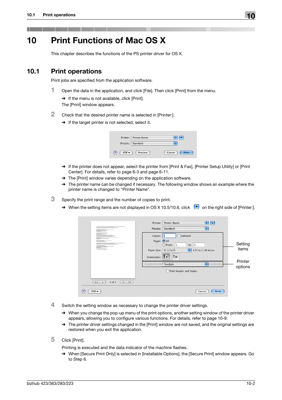 10 print functions of mac os x, 1 print operations, Print functions of mac os x | Print operations -2 | Konica Minolta BIZHUB 223 User Manual | Page 119 / 294