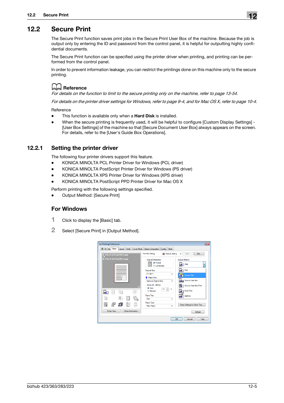 2 secure print, 1 setting the printer driver, For windows | Secure print -5, Setting the printer driver -5 for windows -5 | Konica Minolta BIZHUB 223 User Manual | Page 154 / 294