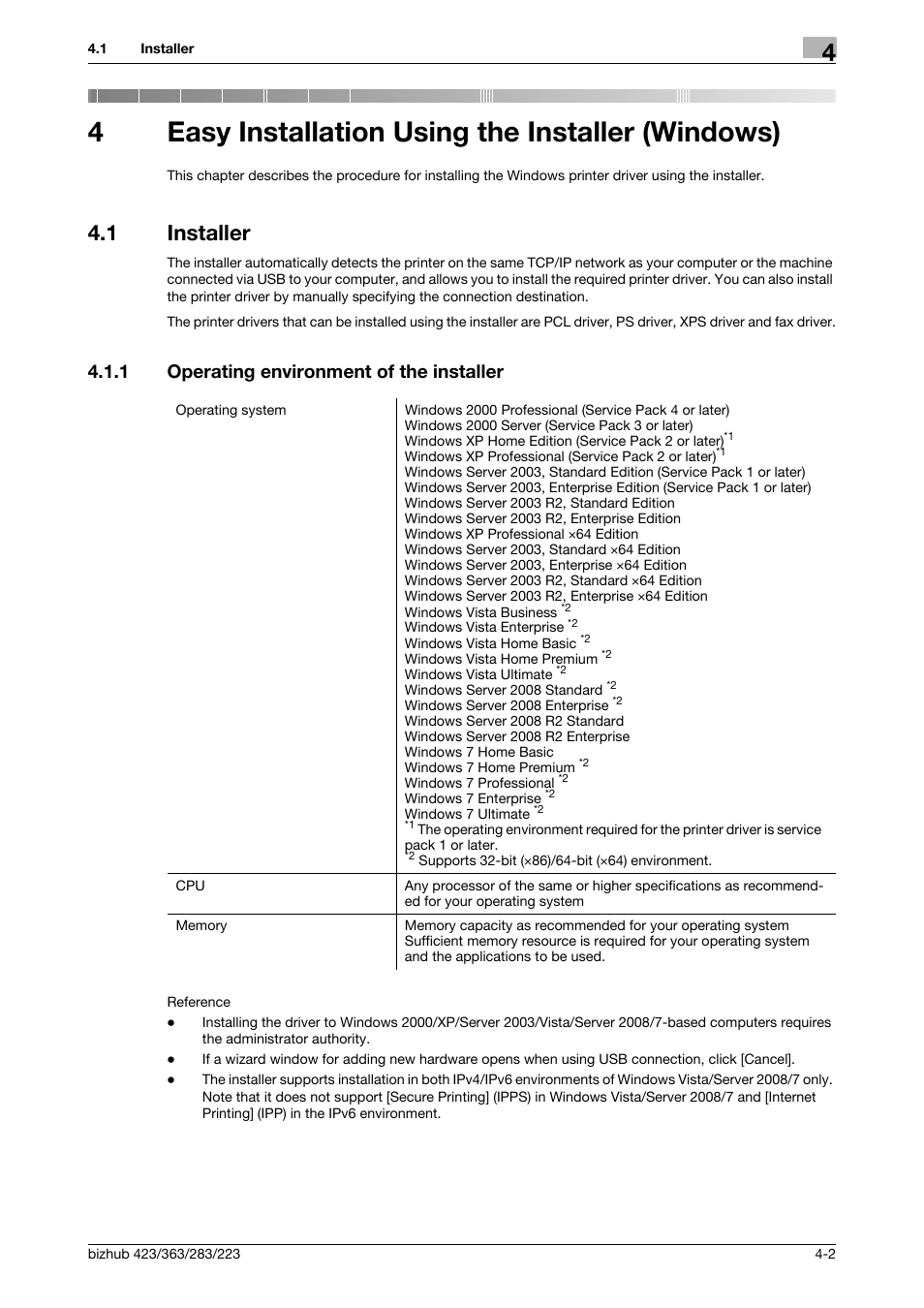 4 easy installation using the installer (windows), 1 installer, 1 operating environment of the installer | Easy installation using the installer (windows), Installer -2, Operating environment of the installer -2, P. 4-2, 4easy installation using the installer (windows) | Konica Minolta BIZHUB 223 User Manual | Page 32 / 294