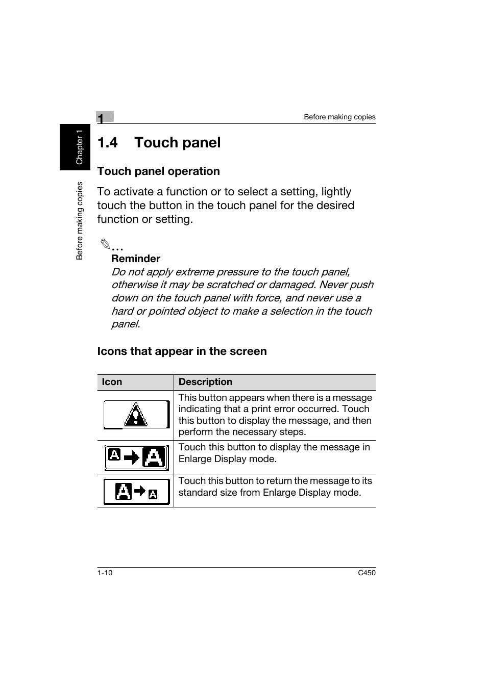 4 touch panel, Touch panel operation, Icons that appear in the screen | 4 touch panel -10 | Konica Minolta BIZHUB C450 User Manual | Page 19 / 158