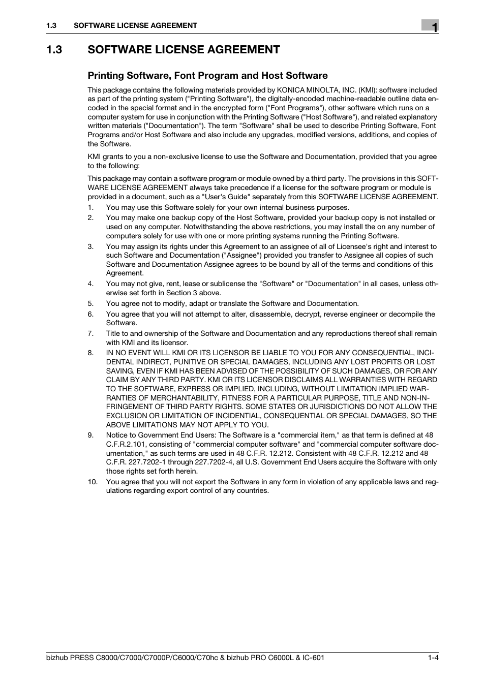3 software license agreement, Printing software, font program and host software | Konica Minolta bizhub PRESS C7000P User Manual | Page 5 / 138