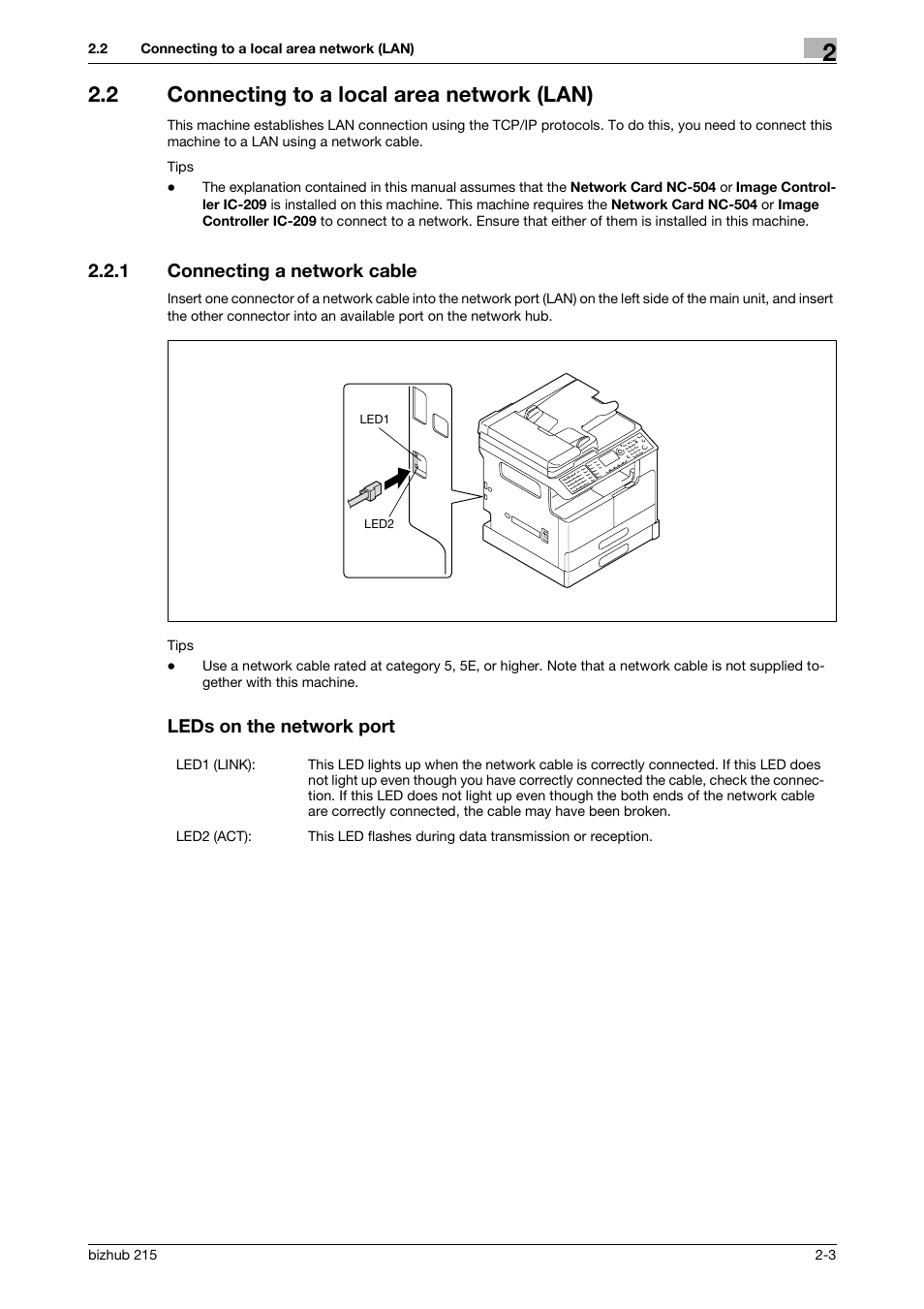 2 connecting to a local area network (lan), 1 connecting a network cable, Leds on the network port | Connecting to a local area network (lan) -3 | Konica Minolta Bizhub 215 User Manual | Page 11 / 93